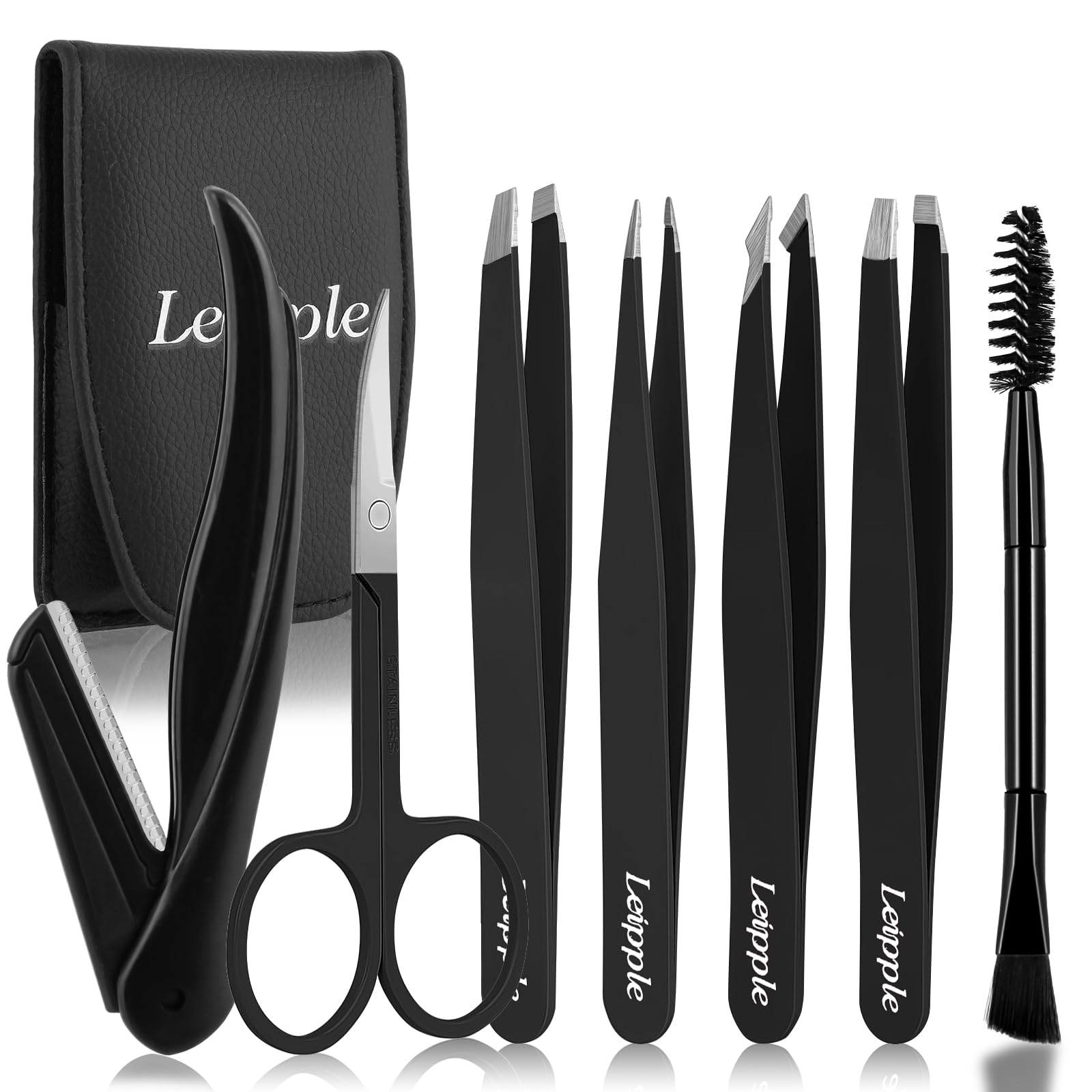Pinzas Depilar 7Pcs Para Mujeres & Hombres - Set de Pinzas de Precisión Con Estuche de Viaje - Pinzas De Acero Inoxidable Para Cejas Con Tijeras, Navaja, Espejo para Vello Encarnado (Negro)