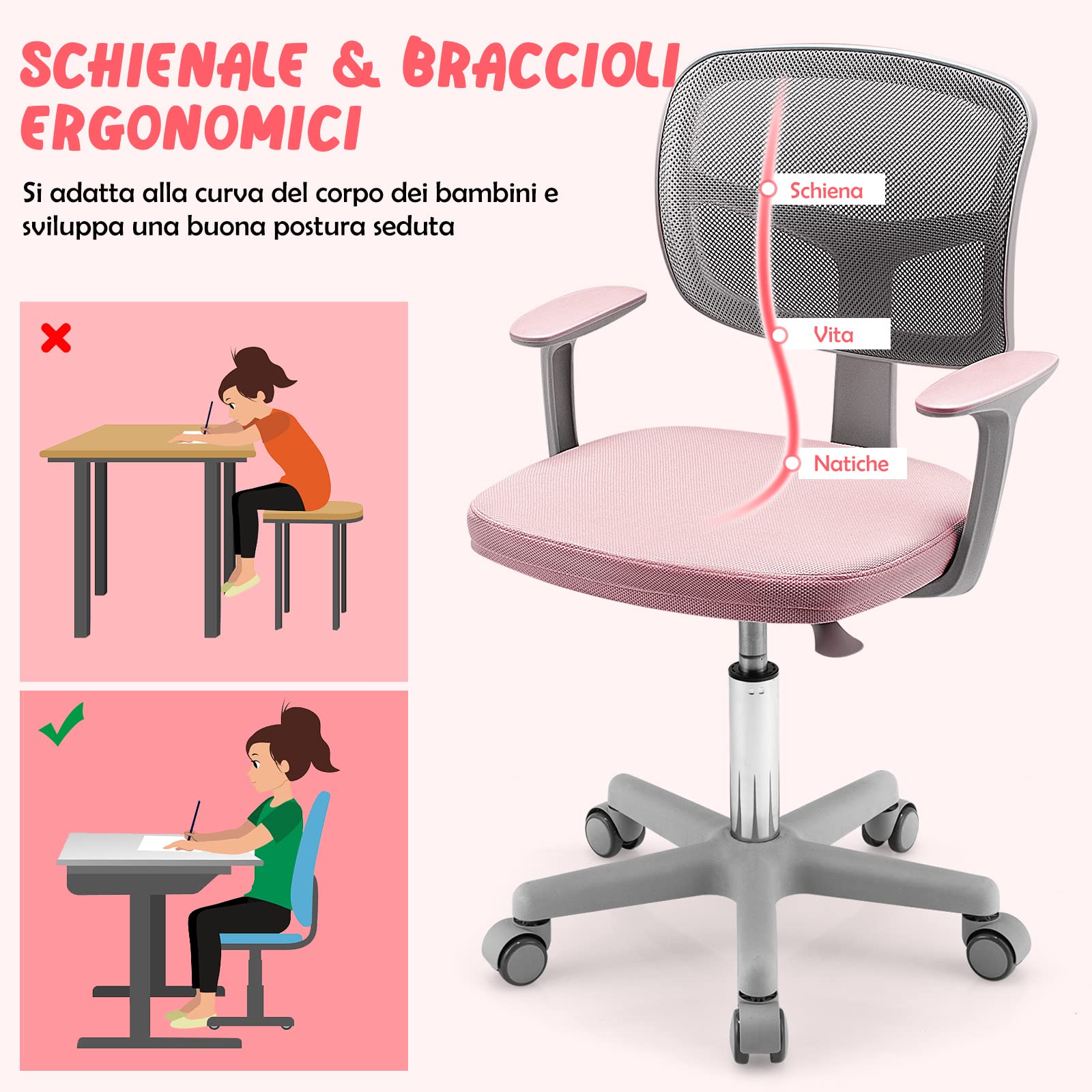 COSTWAY Sedia per Scrivania per Bambini, Sedia per Computer con Altezza Regolabile, Ruote, Sedile Girevole a Rete, Mobile Ergonomica per Bambini 3-10 Anni 3-10 Anni (Rosa)