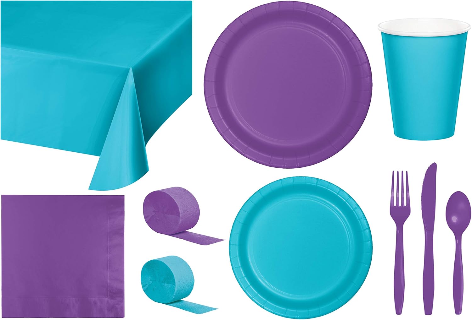 Baxters Party Bundle Bulk, Tableware for 24 People Emerald Green and Amethyst, 2 Size Plates Napkins, Paper Cups Tablecovers and Cutlery, Box of 199