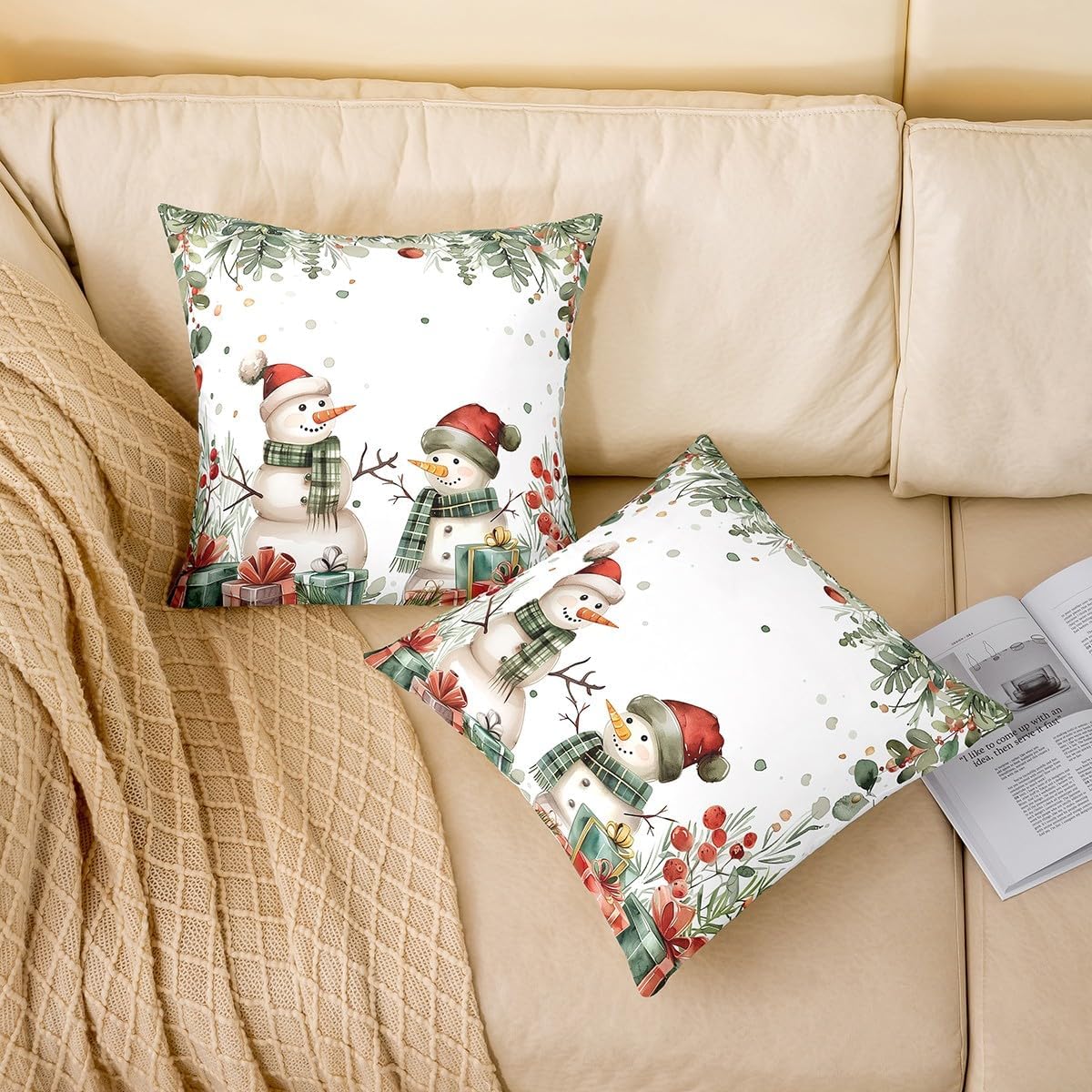 Castle Fairy Cute Christmas Pillow Cover 16x16 Inch,Watercolor Kawaii Snowman Print Cushion Cover for Kids Boys Girls Teens Green Leaves Xmas Gift Pattern Cushion Case for Office Living Room image 2