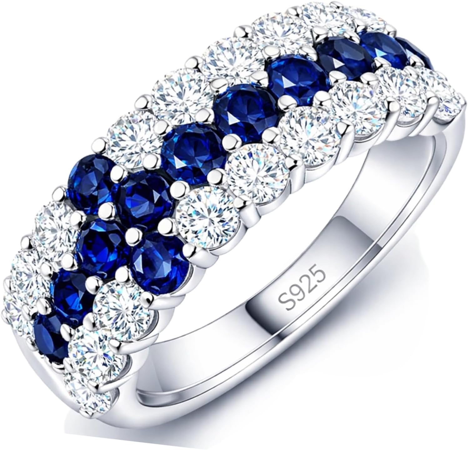 Three Row Blue Sapphire & Moissanite Band Ring for Women, Half Eternity Ring in 925 Sterling Silver Rhodium Plated, Lab-Grown Blue Sapphire, September Birthstone Anniversary Promise Gift for Her, Wife, Mom