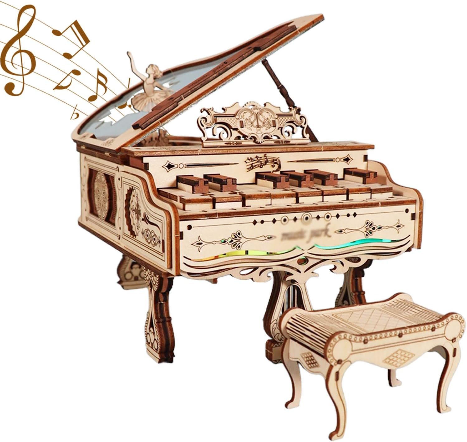 Music Park 3D Wooden Puzzles Model Kits for Adults to Build Piano Music Box Can Be Paly with Lights Gifts for Christmas
