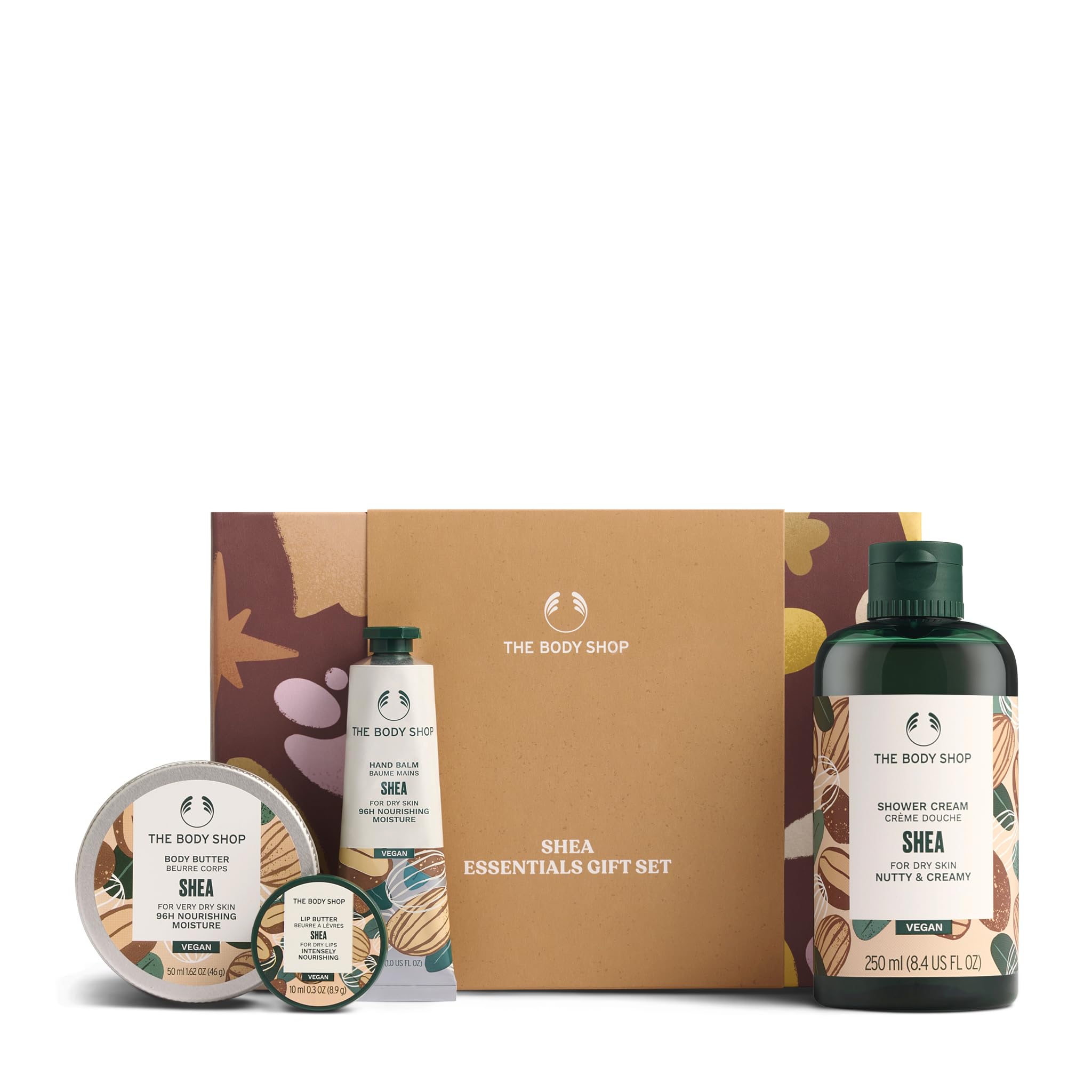 The Body Shop Shea Essentials - Juego de regalo (crema de ducha de 250 ml + mantequilla corporal de 50 ml + mantequilla de labios de 10 ml + bálsamo de manos de 30 ml), colección nutritiva de manteca