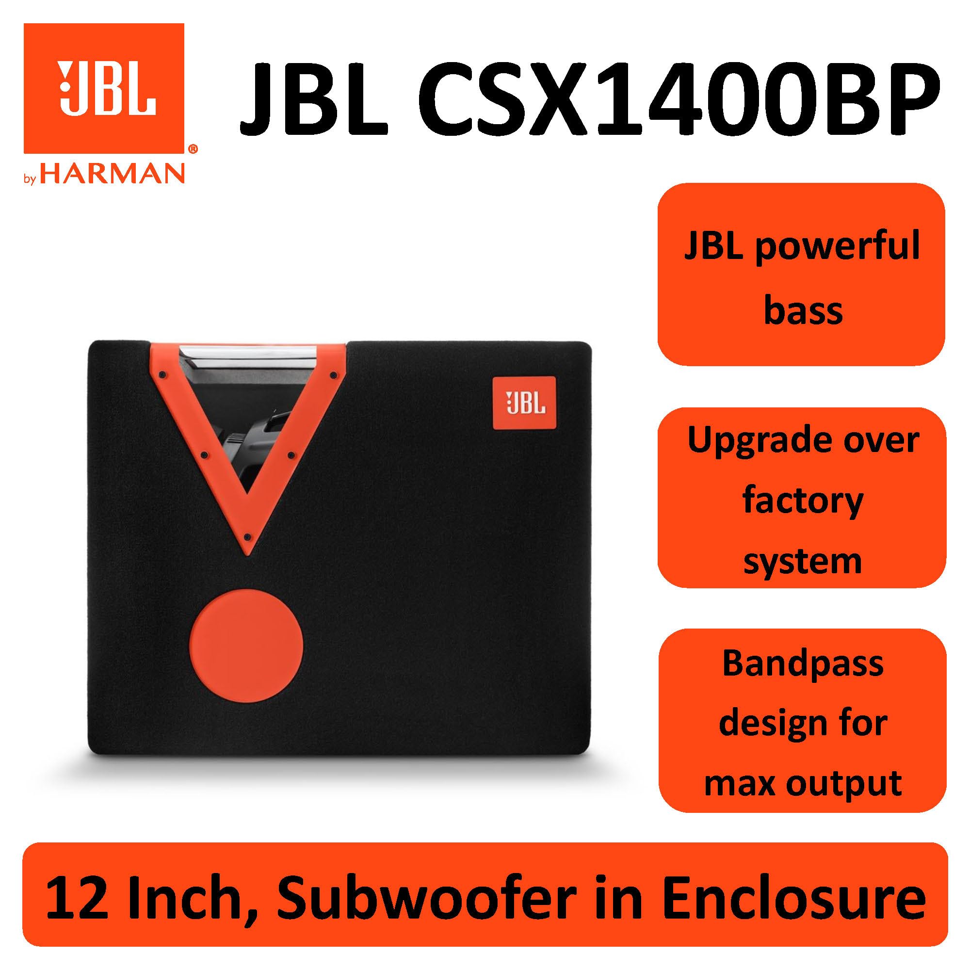 JBL CSX-1400BP caja Subwoofer de automóvil con filtro de paso de banda de 12 pulgadas (300 mm) con ventana acrílica, colores negro y naranja