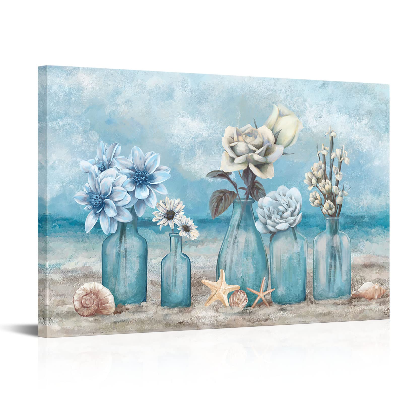 iHAPPYWALL Blue Beach Ocean Theme Flower Picture Wall Art Modern Conch ...