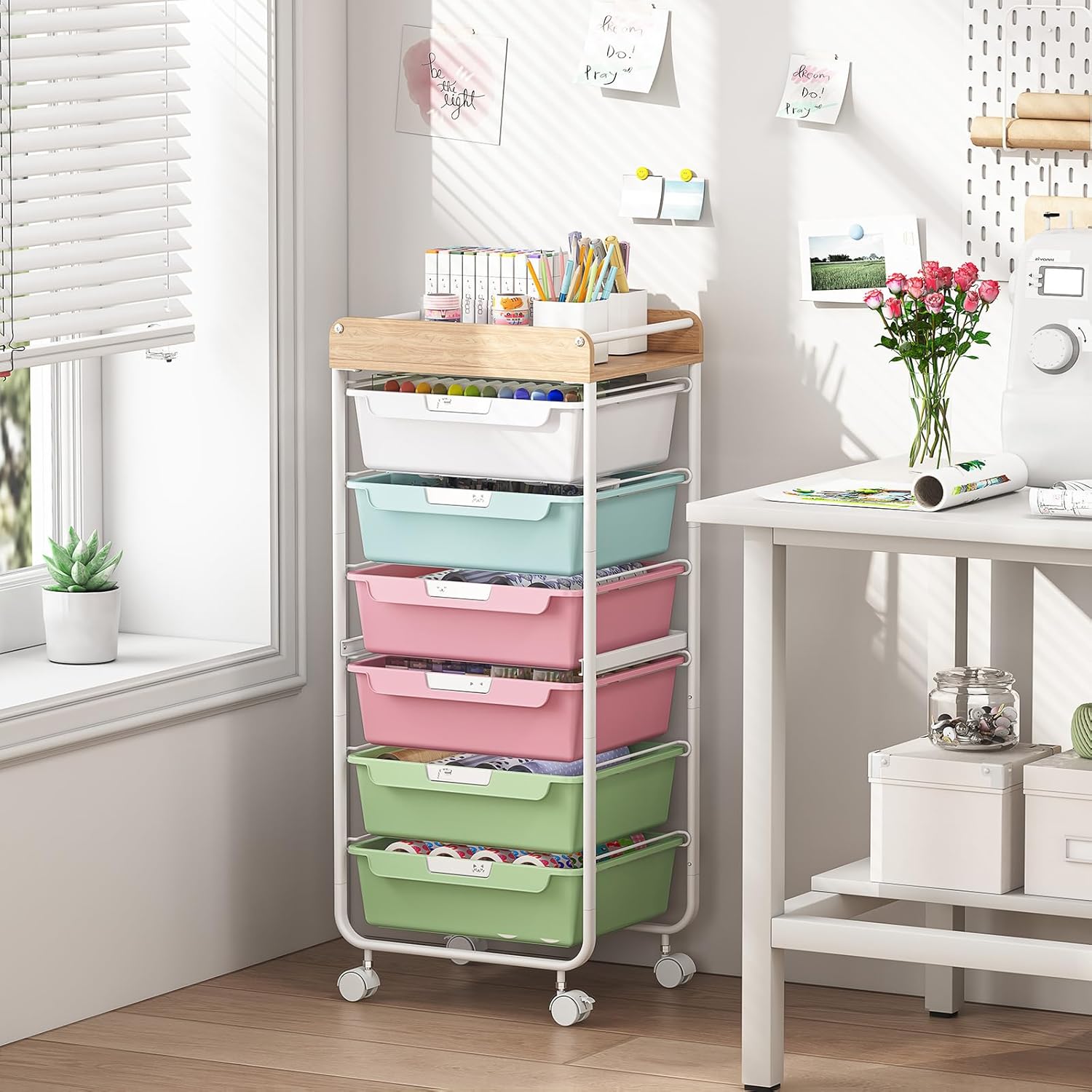 rolling storage utility cart with 6 drawers,art supply craft organizer,sewing makeup organizer and storage,office organization wooden tabletop,colorful 6-drawers colorful
