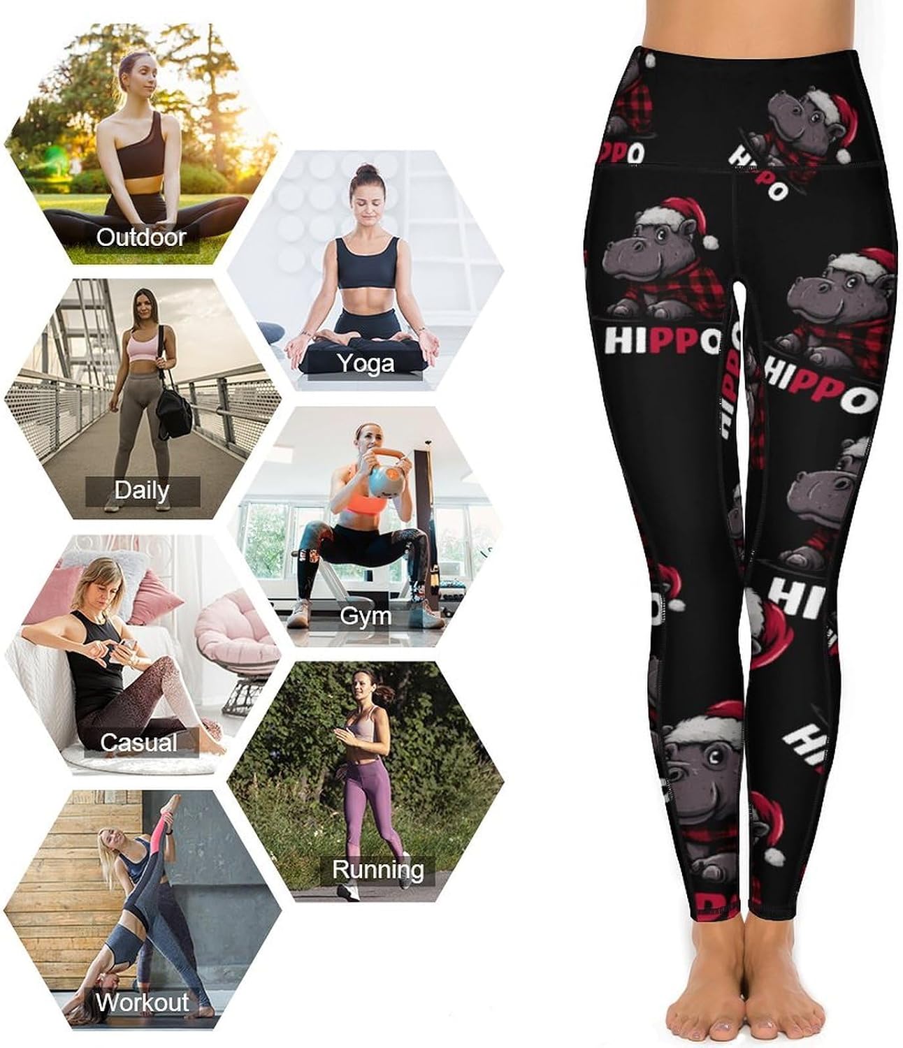 Christmas Hippo Buffalo Plaid Printed Yoga Leggings High Waisted Soft Stretchy Workout Pants for Women XX-Large (xx_l)