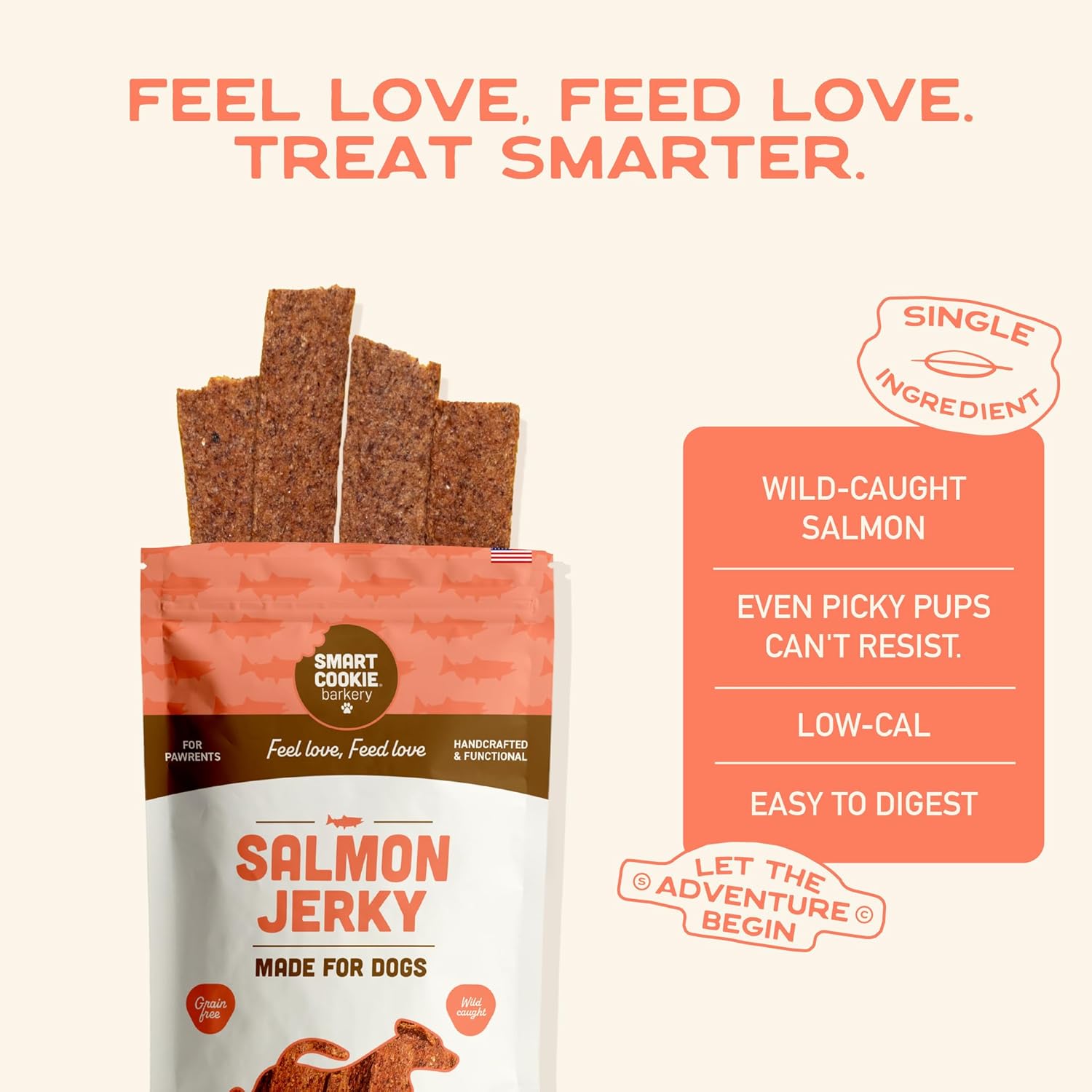 Smart Cookie Salmon Jerky Dog Treats - DHA, Omega Strips for Dogs & Puppies with Allergies, Sensitive Stomachs with Wild Caught Alaskan Salmon- Dehydrated, Grain Free, Made in USA - 3oz Bag, Pack of 3