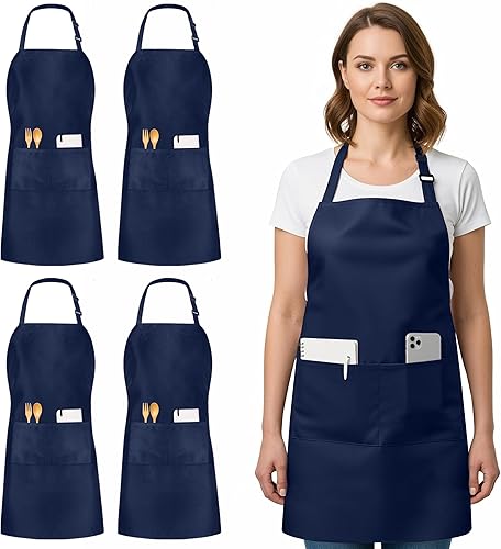 Miniatura 7 de Utopia Kitchen Paquete de 4 delantales ajustables con 2 bolsillos, resistente al agua y al aceite, delantal de chef de cocina para mujeres y hombres