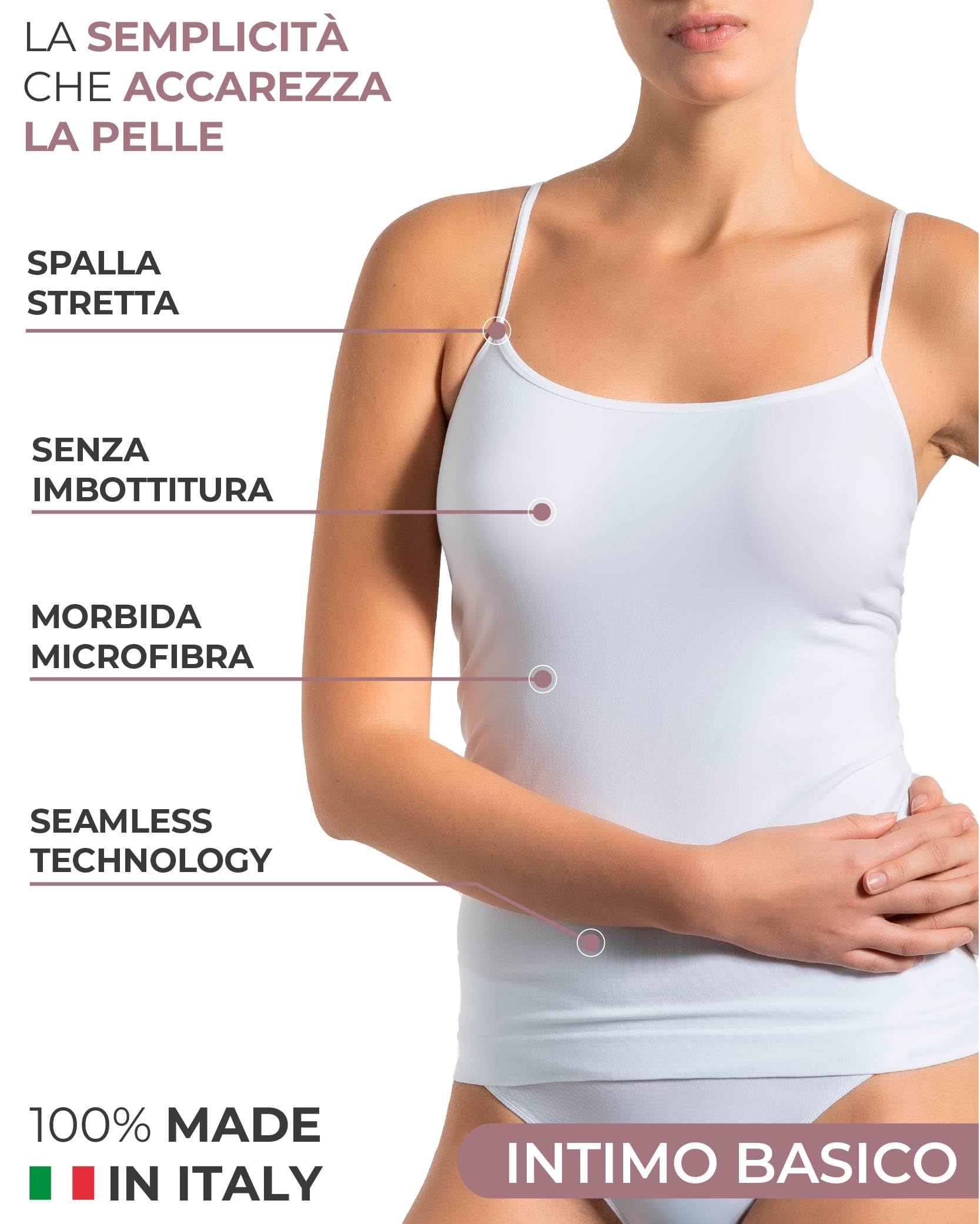 Risalti Canotta Donna Microfibra Spalla Stretta 3 pz - Canottiera Donna Elegante Elasticizzata, Top Intimo Senza Cuciture ed Etichette più Morbido delle Canottiere Cotone, Caraco - Made in Italy