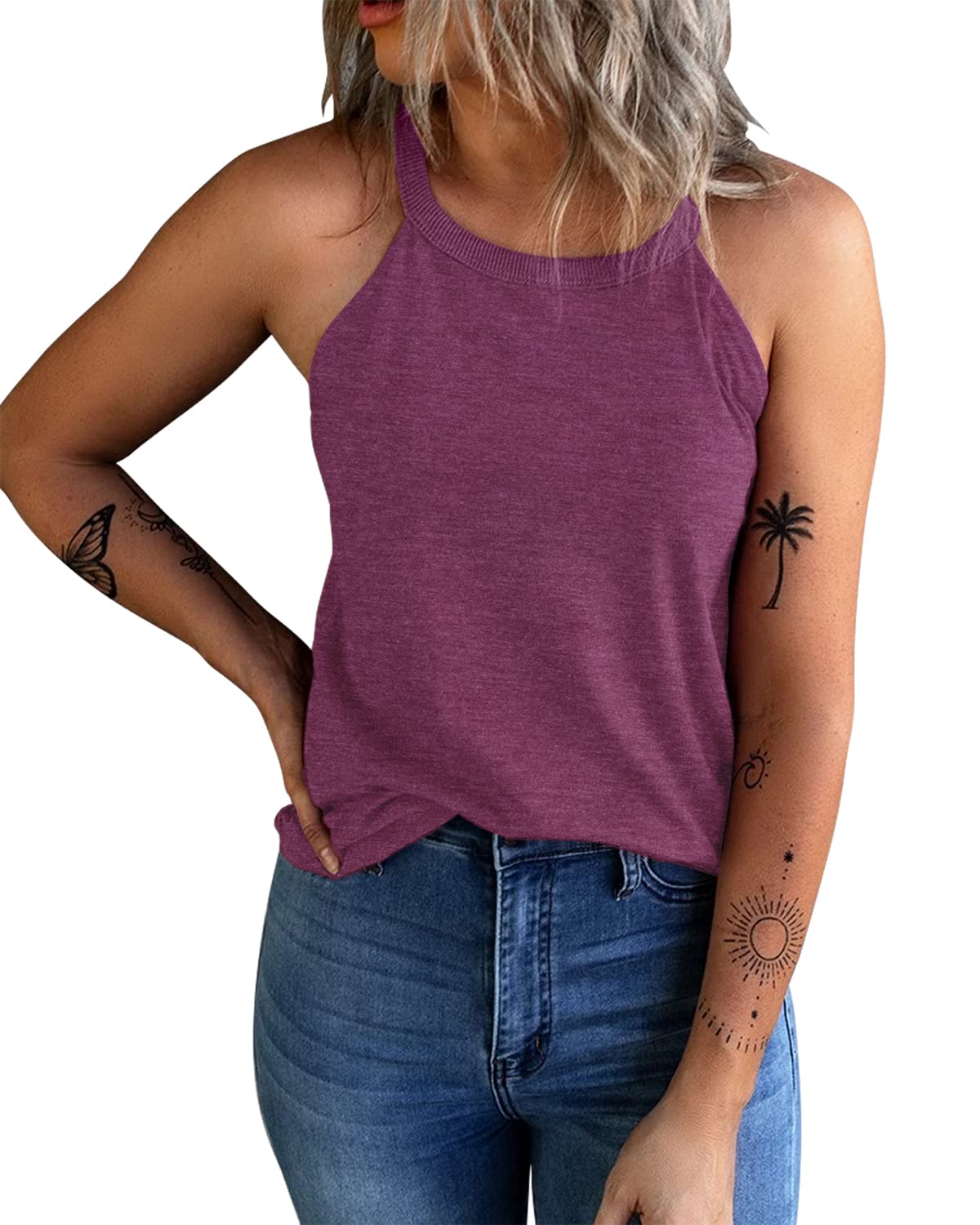 KINLONSAIR Women's Summer Sleeveless Halter Tee Shirts Crew Neck Workout Tank Tops Casual Plain Cami Shirts