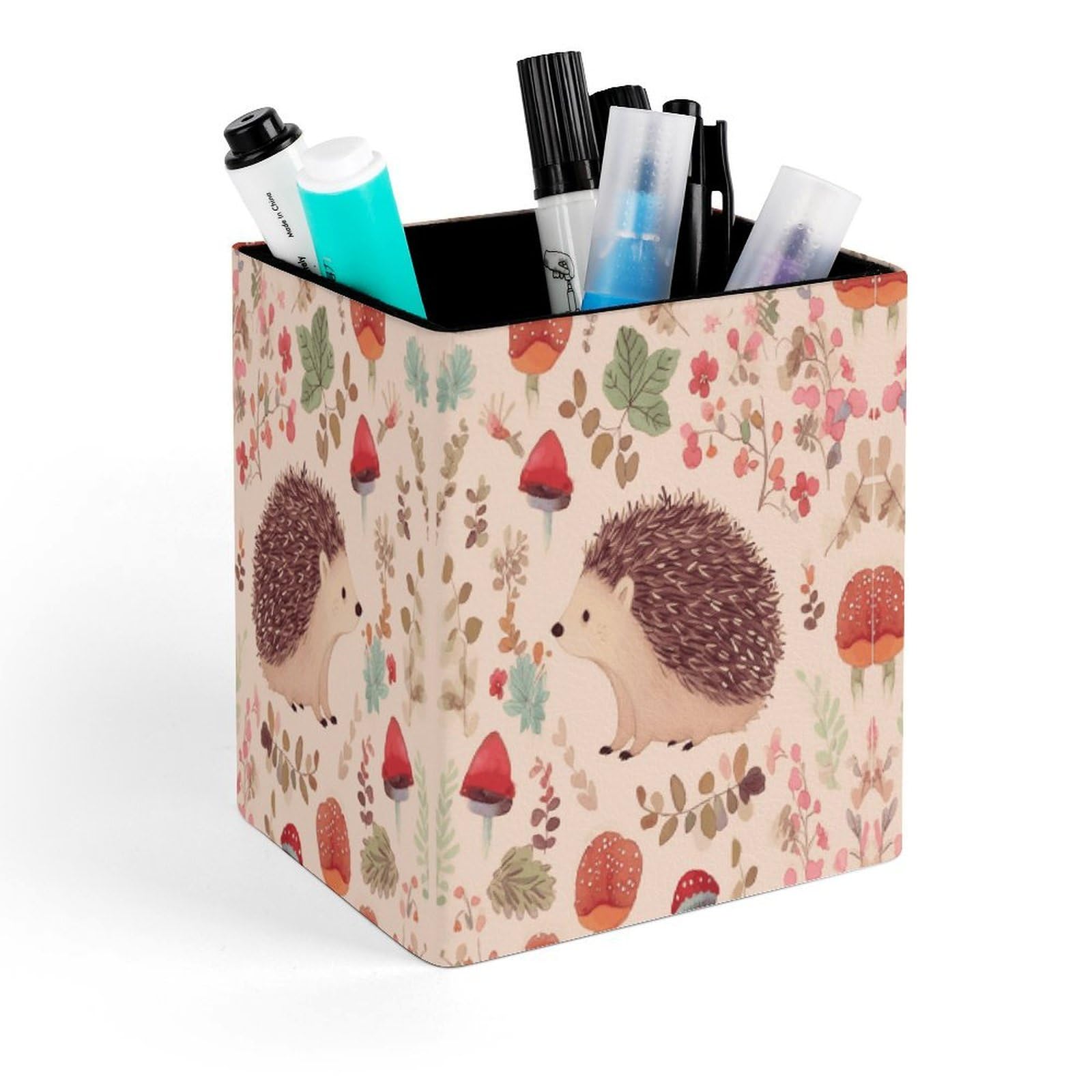 VstaDank Lovely Hedgehog Pen Holder Square Pencil Holder Leather Pencil Cup Pen Organizer Makeup Brush Holders Pen Cups Desktop Stationery Organizer for Home Office Desk Organizers