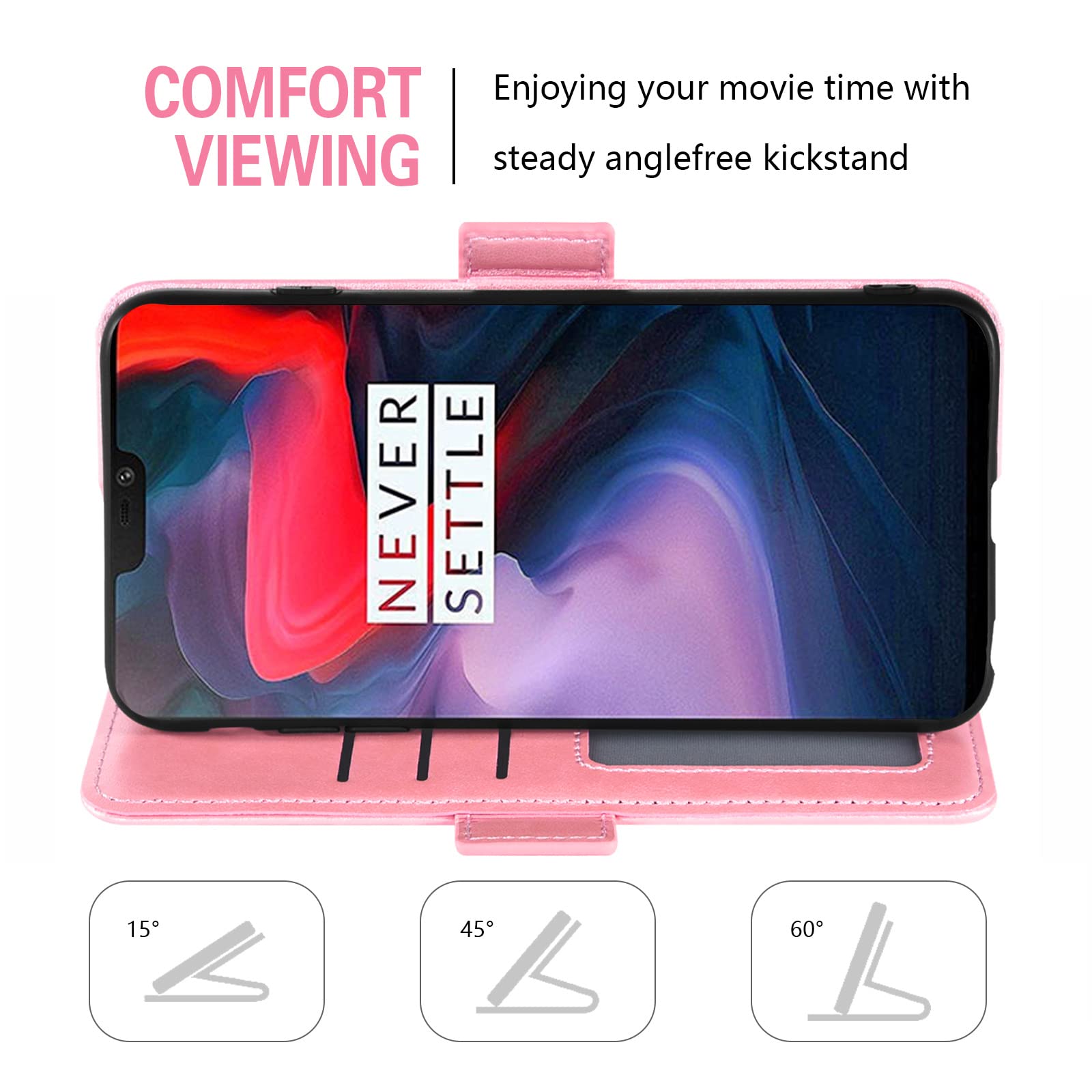 Asuwish Cover Portafoglio Per OnePlus 6 Con Supporto E Pellicola In Vetro Temperato - Protezione In Pelle PU E TPU, Colore Oro Rosa - 2