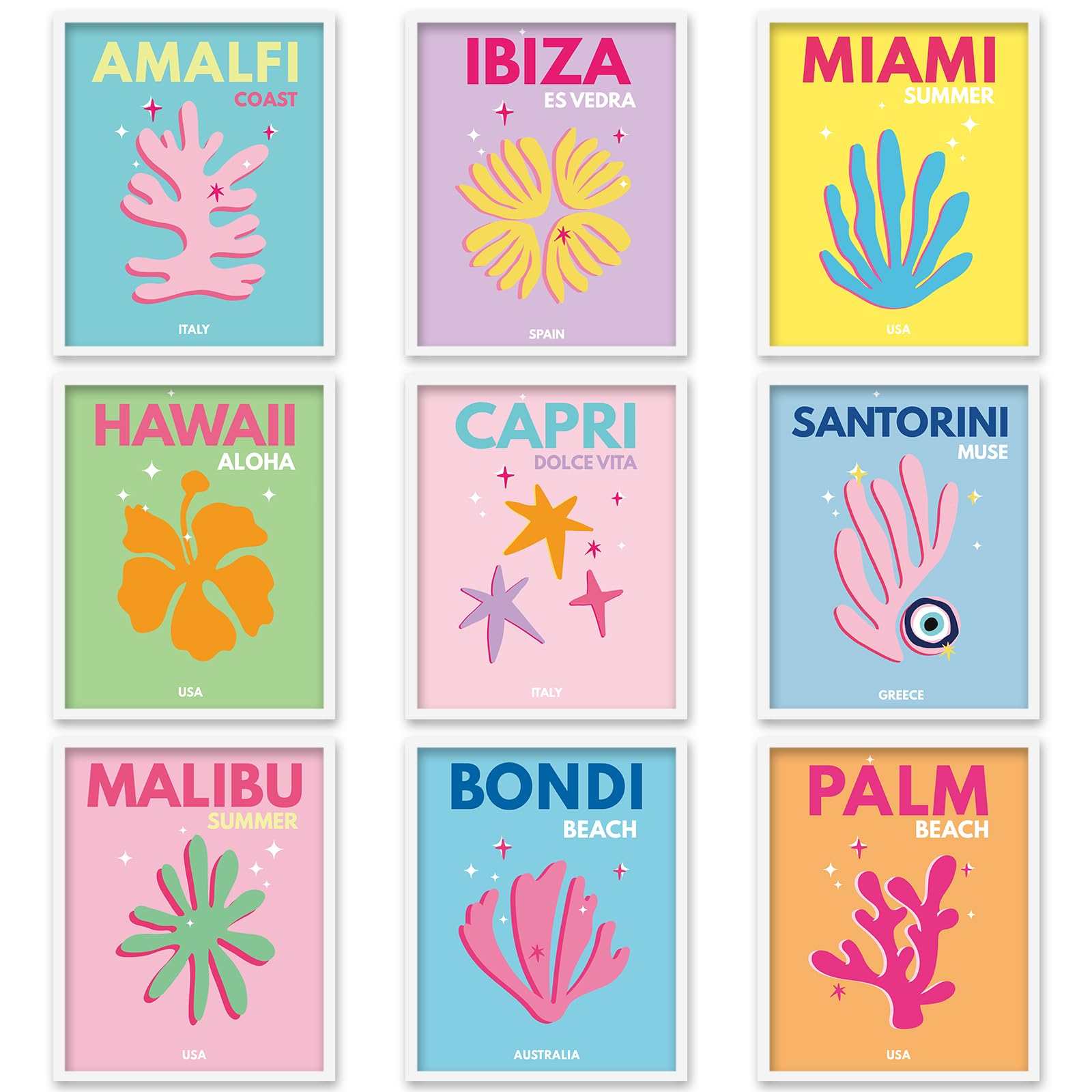 Whaline 9Pcs Preppy Travel Wall Art Prints Colorful Abstract Aesthetic Coral Painting Room Decor Minimalist Art Poster Decor for Bedroom Pink College Dorm Room(UNFRAMED 8 x 10in)