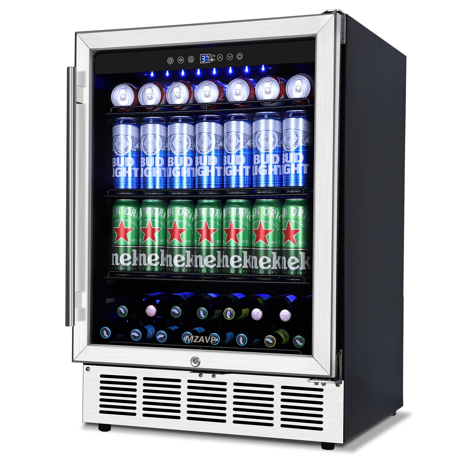 Mzavp 24 Inch Beverage Refrigerator, 180 Cans Built-In Beverage Cooler With Glass Door, Under Counter Or Freestanding Drink Fridge With LED Light & Adjustable Shelves For Home Bar Office - Silver | Fridge.com