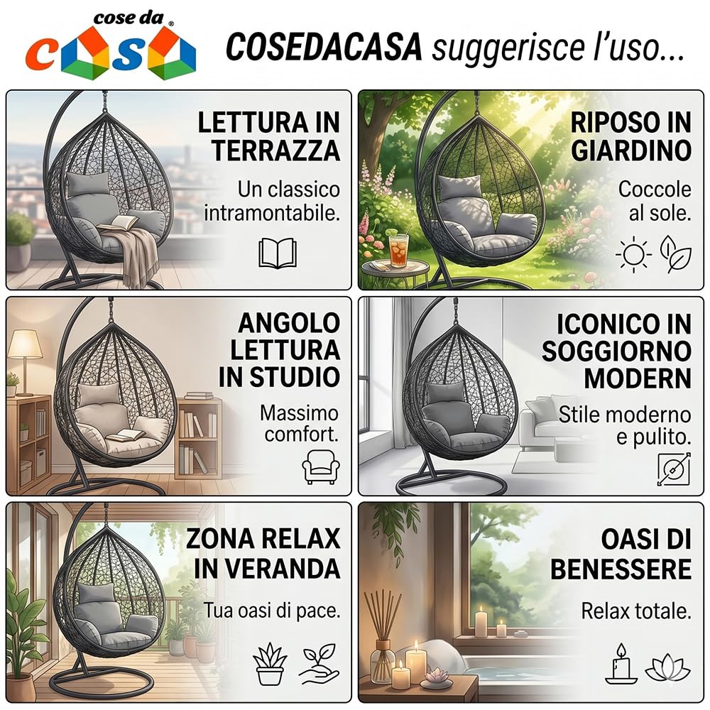 Poltrona a dondolo sospesa con cuscini sedia pensile per patio giardino terrazzo Poly Rattan Per Interno Esterno Ovetto Portata 130 Kg