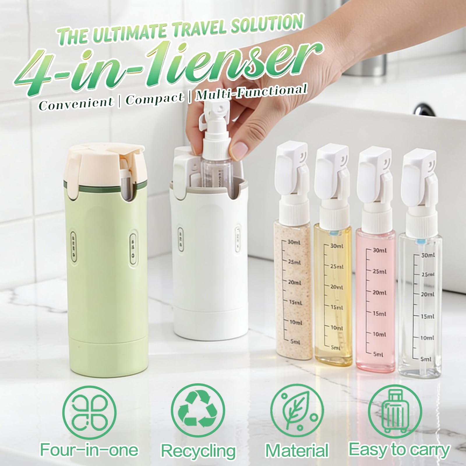 4 in 1 Travel Dispenser Bottle for Flying Essentials Camping Toiletries Pump Leak Proof Size Portable Containers for Shampoo Lotion Creams Body Wash Conditioner Refillable Attached Label (Green) - 4