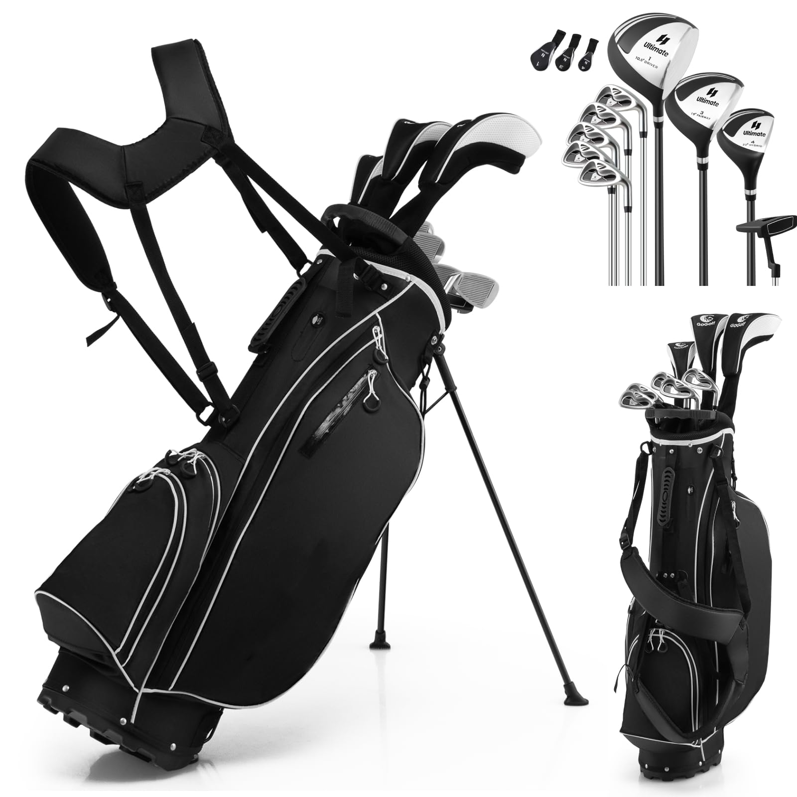 GYMAX Golf Club Set, Complete Right Handed Golf Clubs Set with 460cc Alloy Driver, 3# Fairway Wood, 4# Hybrid, 6#, 7#, 8#, 9# & P# Irons, Free Putter and Stand Bag, Adult Golf Package Sets