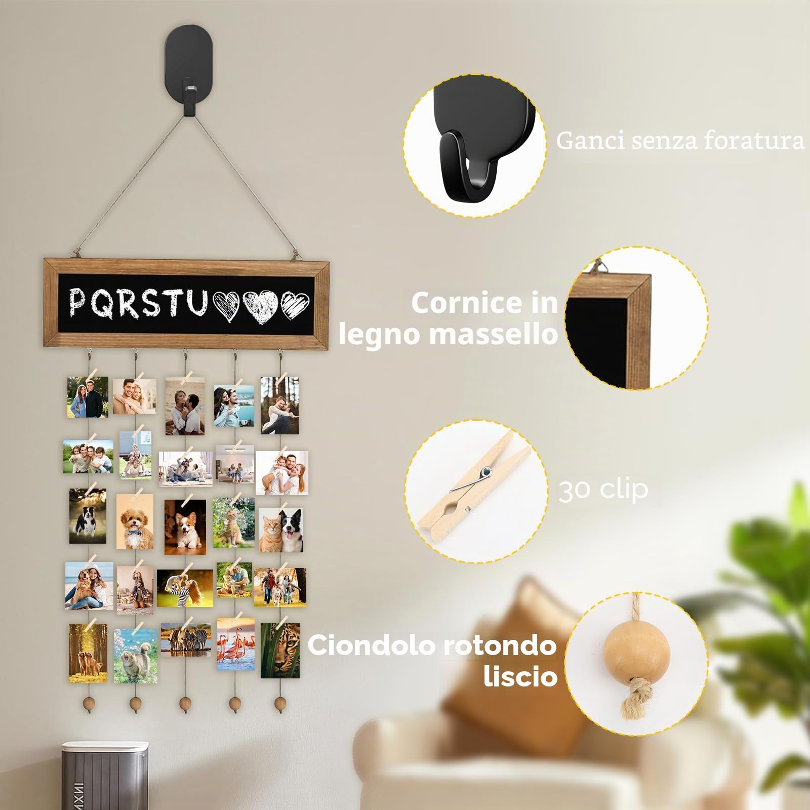 Rierously Cornice per foto con 30 mollette in legno, ghirlanda e collage di foto, corda