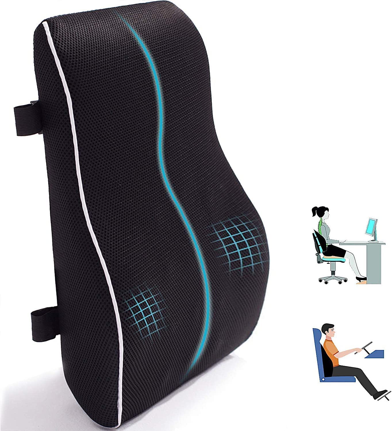 Lumbar Support Pillow for Office Chair Memory Foam Back Cushion for Back Pain Relief Improve Posture Large Back Pillow for Car, Computer Chair, Recliner Breathable Mesh Cover Double Adjustable Straps