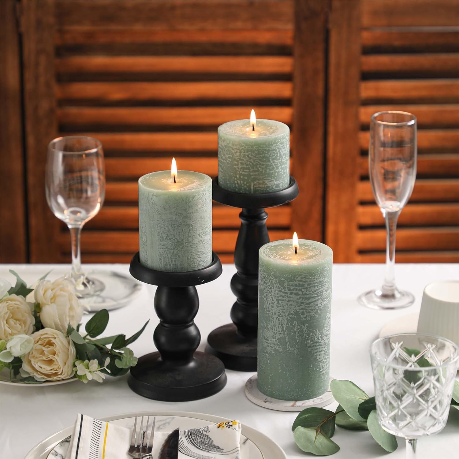 3x3 Inch Sage Green Pillar Candles - Set of 3, Long Clean Burning, Smokeless Dripless Candles for Spring Home Decor, Dinner Table, Bathroom, Rustic Decor - Image 6
