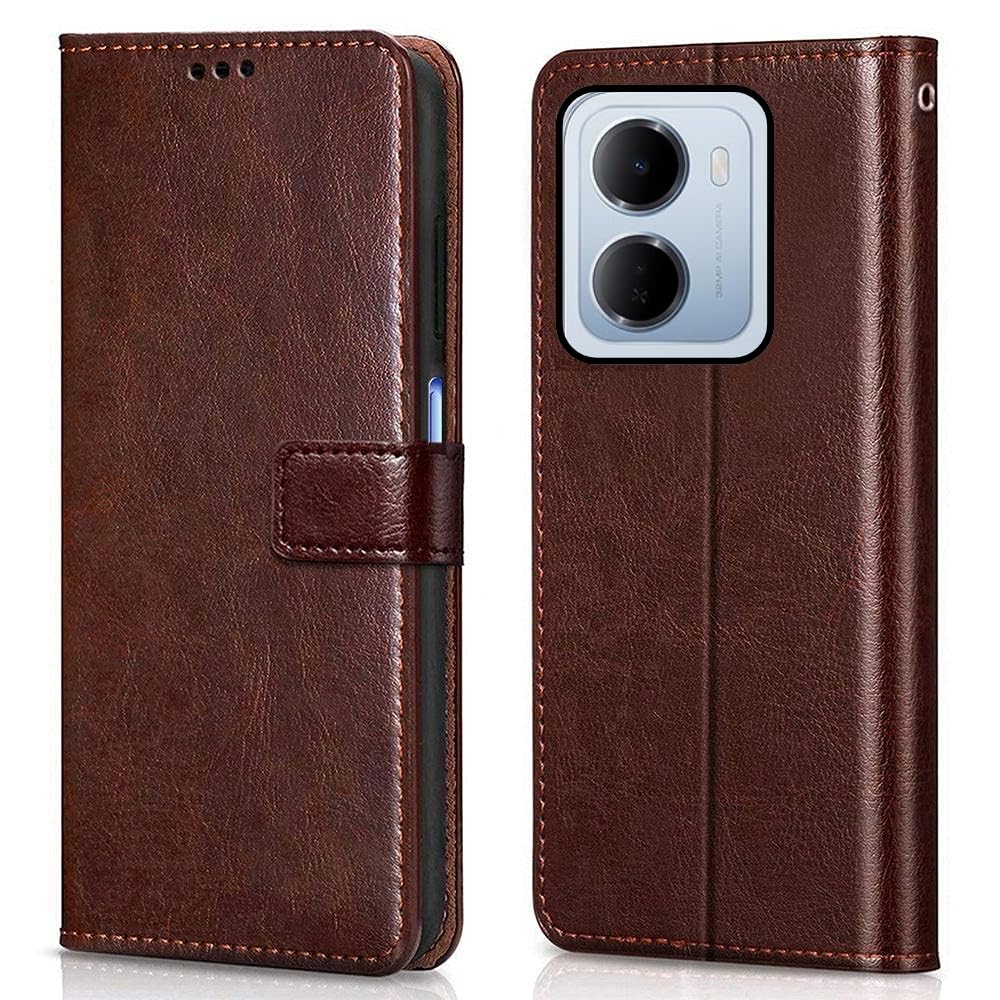 Leather Flip Case Cover Compatible with Back case Cover for Redmi 15A 5G |Hand-Stitched Leather Finish| Lightweight| Inbuilt Card Pockets |(Brown)