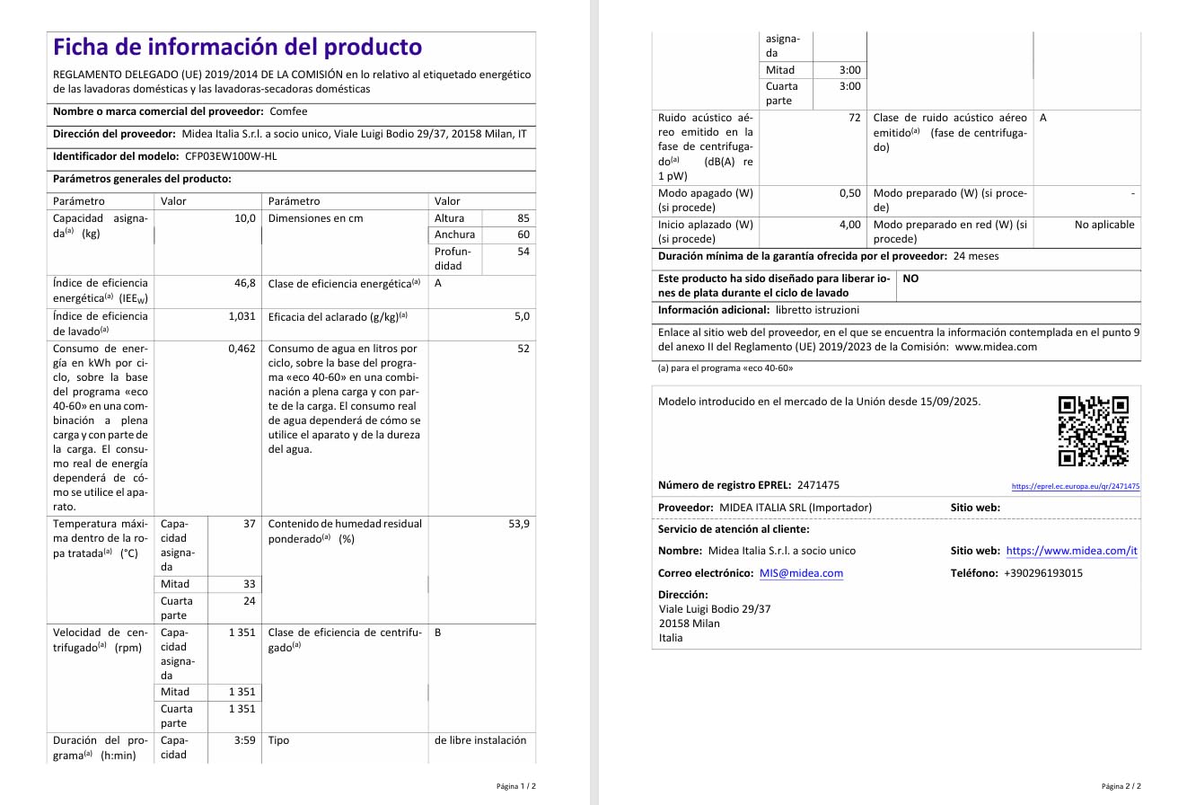 COMFEE' CFP03EW100W-HL Lavadora 10 kg de carga, Clase A -10%, Cuidado con vapor, Motor BLDC, Aprobada por Woolmark, Panel táctil, blanco — view 9