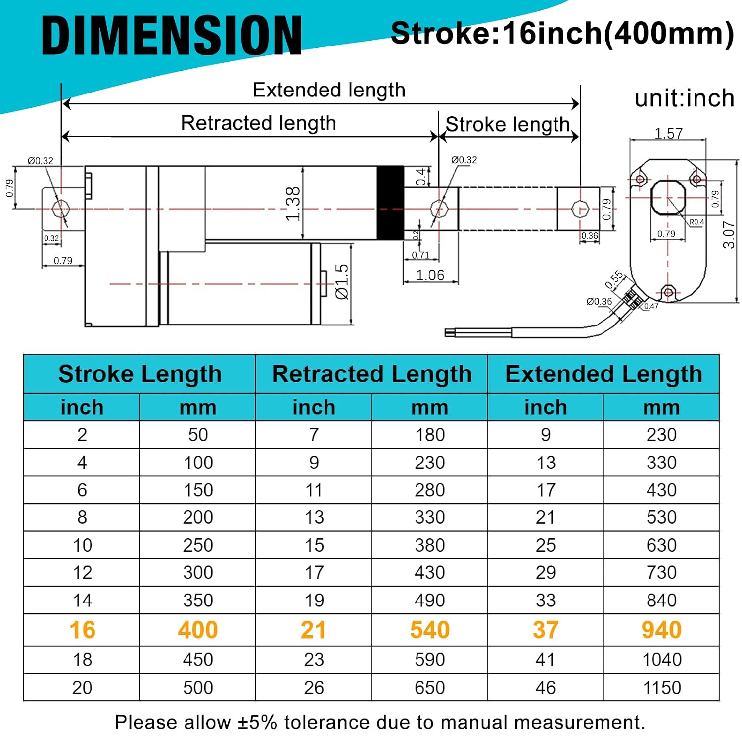 16 Inch High Speed 1.34"/sec Linear Actuator 12V 88lbs/400N IP65 Waterproof Linear Motion Actuator with Mounting Brackets