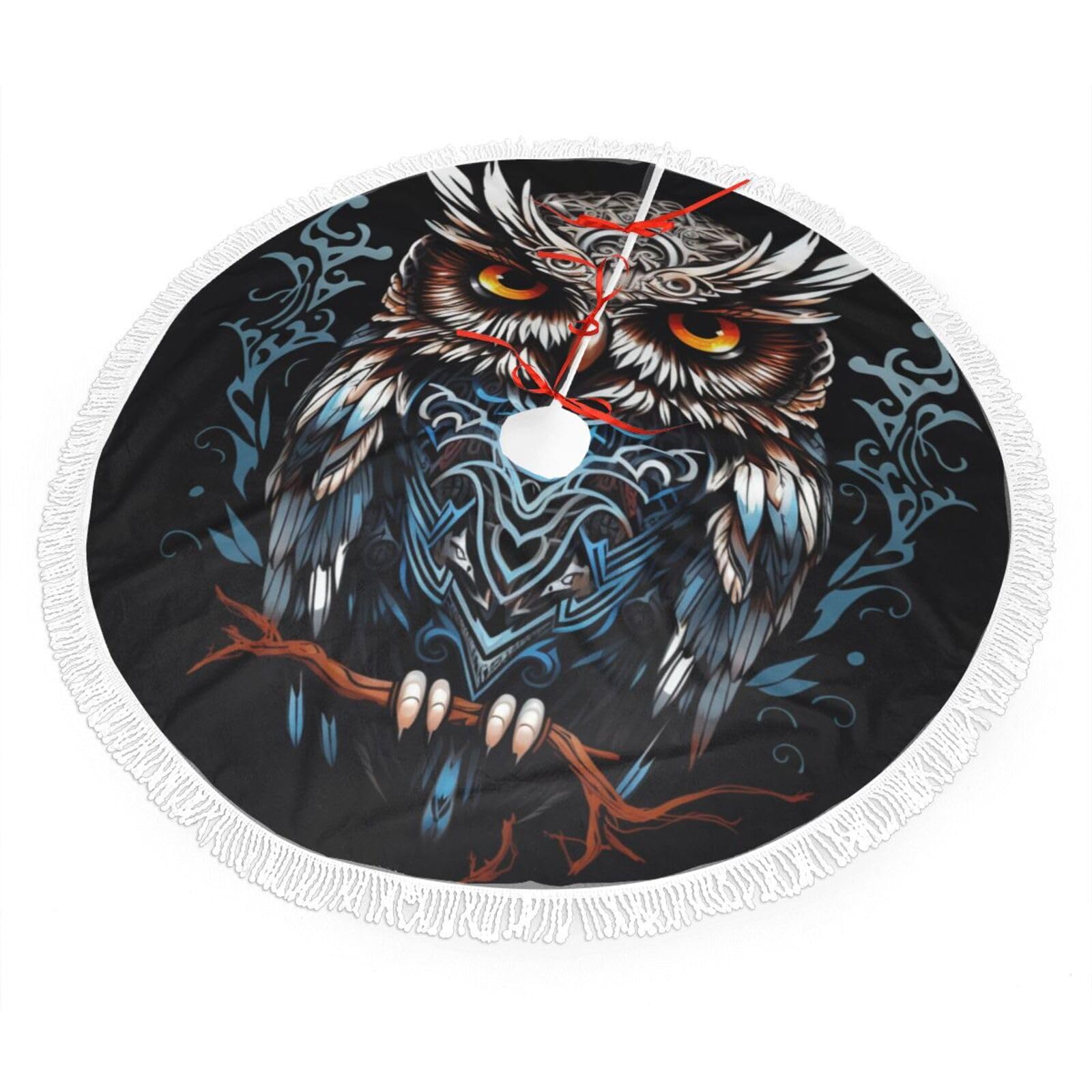 owl Christmas Tree Skirt 48", Soft Plush Xmas Tree Carpet with Tassel Christmas Ornaments Winter Holiday Tree Mat Decoration for Home Party Supplies