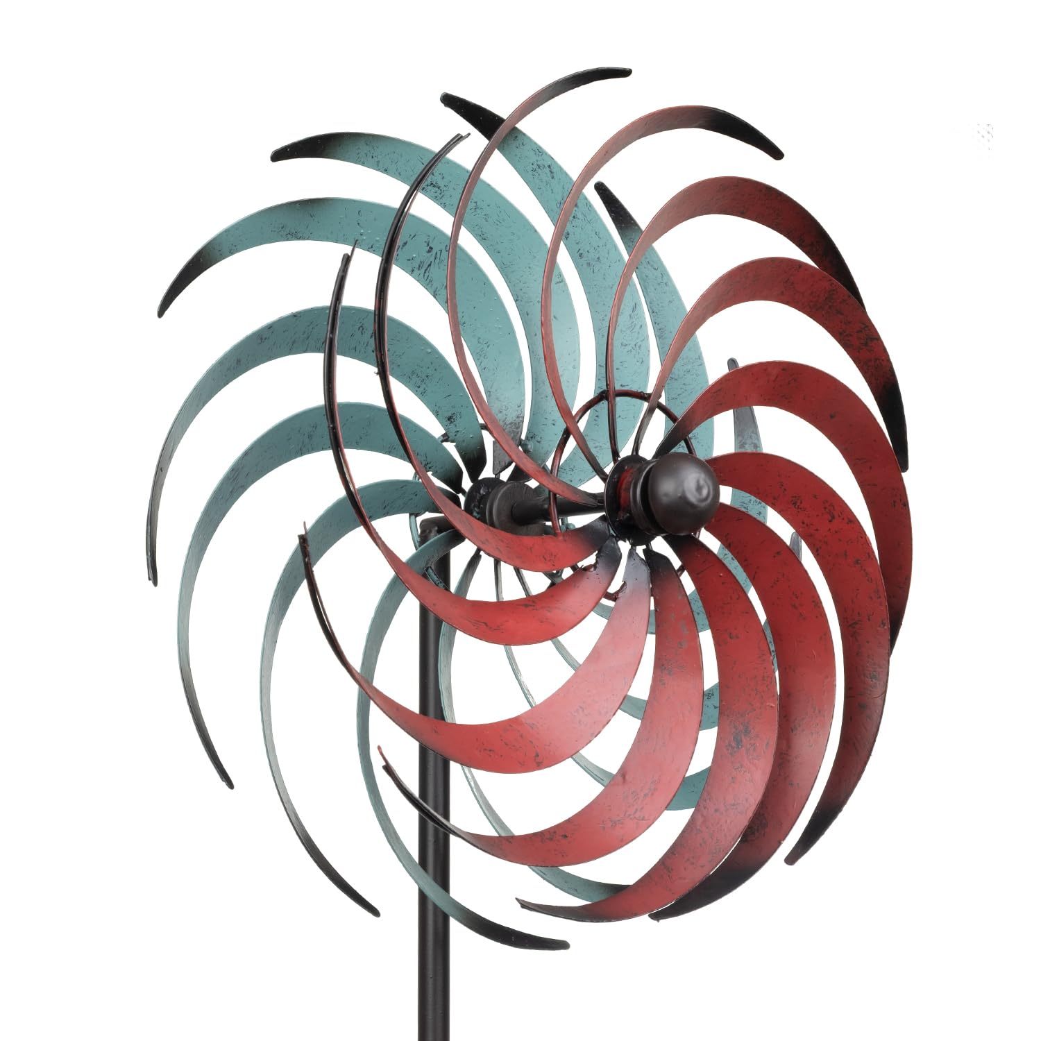 Molinillo de viento de metal para jardín, 175 cm de alto, doble caña, diámetro de 34 cm, color rojo y turquesa, resistente a la intemperie, para jardín, jardín, jardín, molinillo de viento de metal