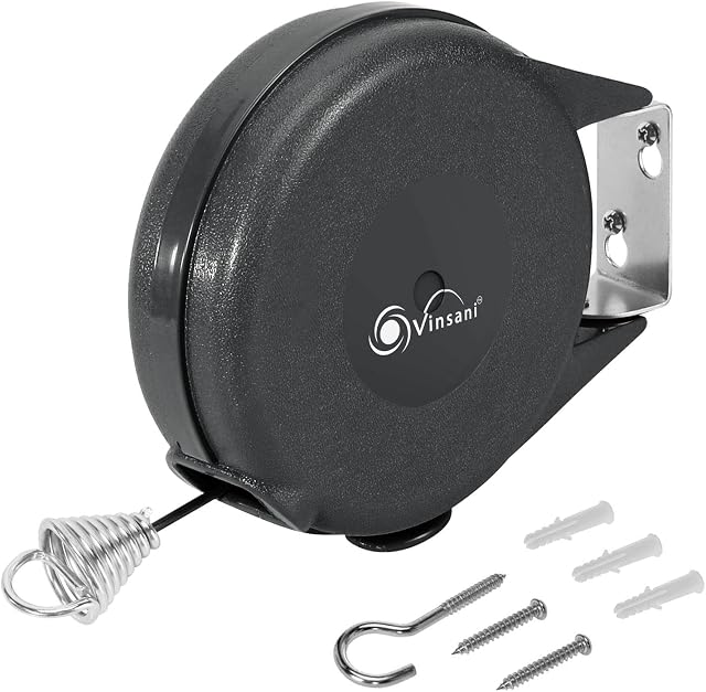 Vinsani 15 Metre Retractable Reel Clothes Lines Washing Line Wall Mounted Heavy Duty Clothes Dryer 15m Line of Drying Space Indoor Outdoor Extendable Portable Clothesline Pulley Kit Black