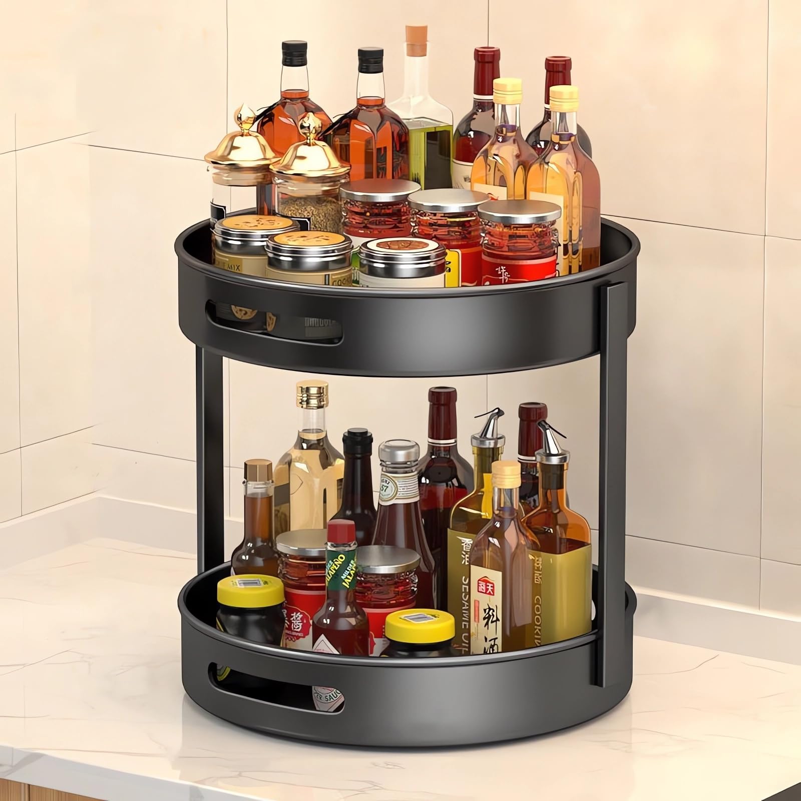 Spice Rack Lazy Susan Organizer, 2 Tier Mteal Rotating Turntable Organizer for Cabinet, Non-slip Kitchen Cabinet Organizer Shelf, Kitchen Spice Organizer for Cabinet, Pantry, Countertop