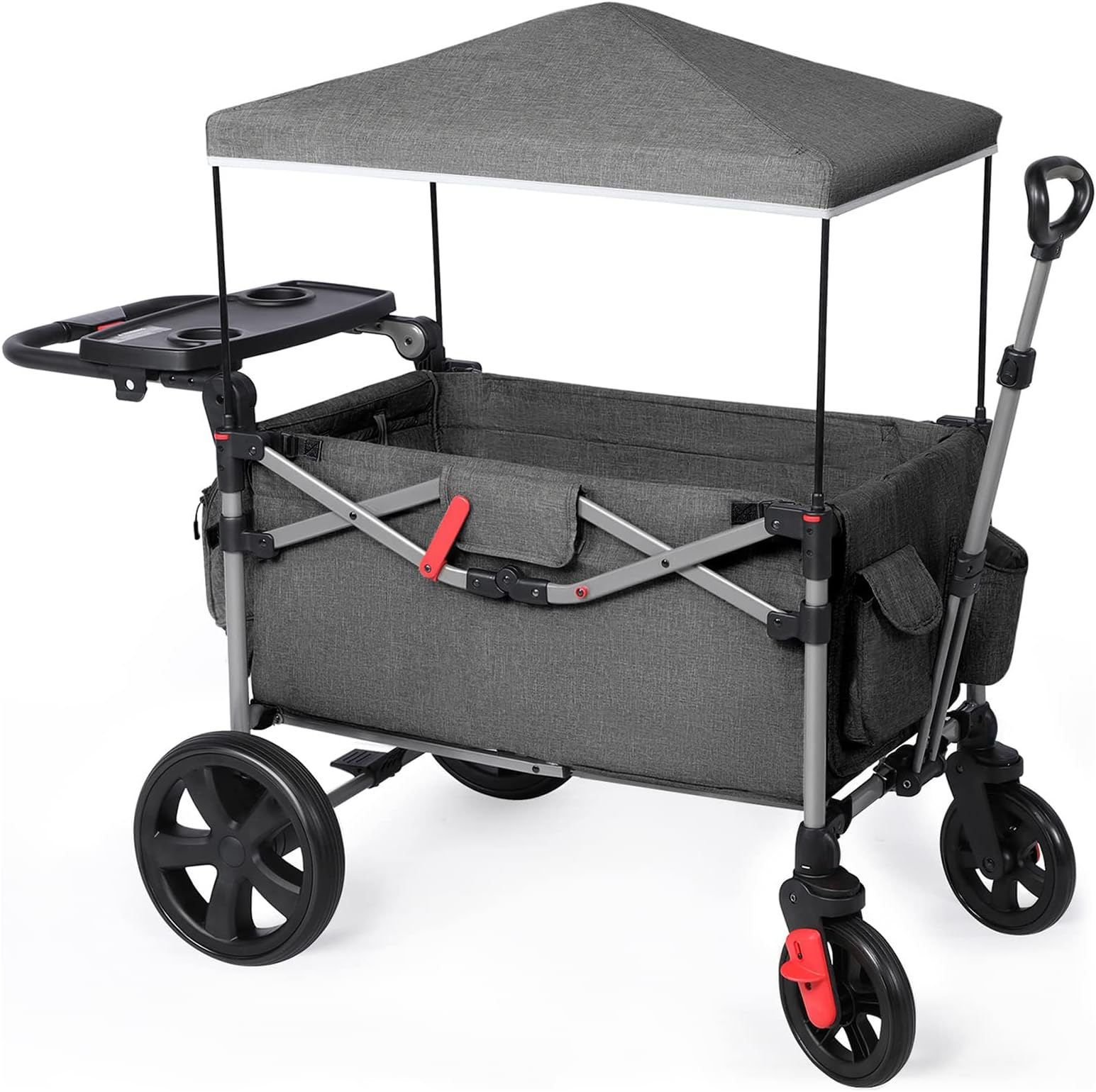 Foldable Wagons for Two Kids & Cargo, Collapsible Folding Wagon Stroller with Adjustable Handle Bar,Removable Canopy with 5-Point Harness,Black