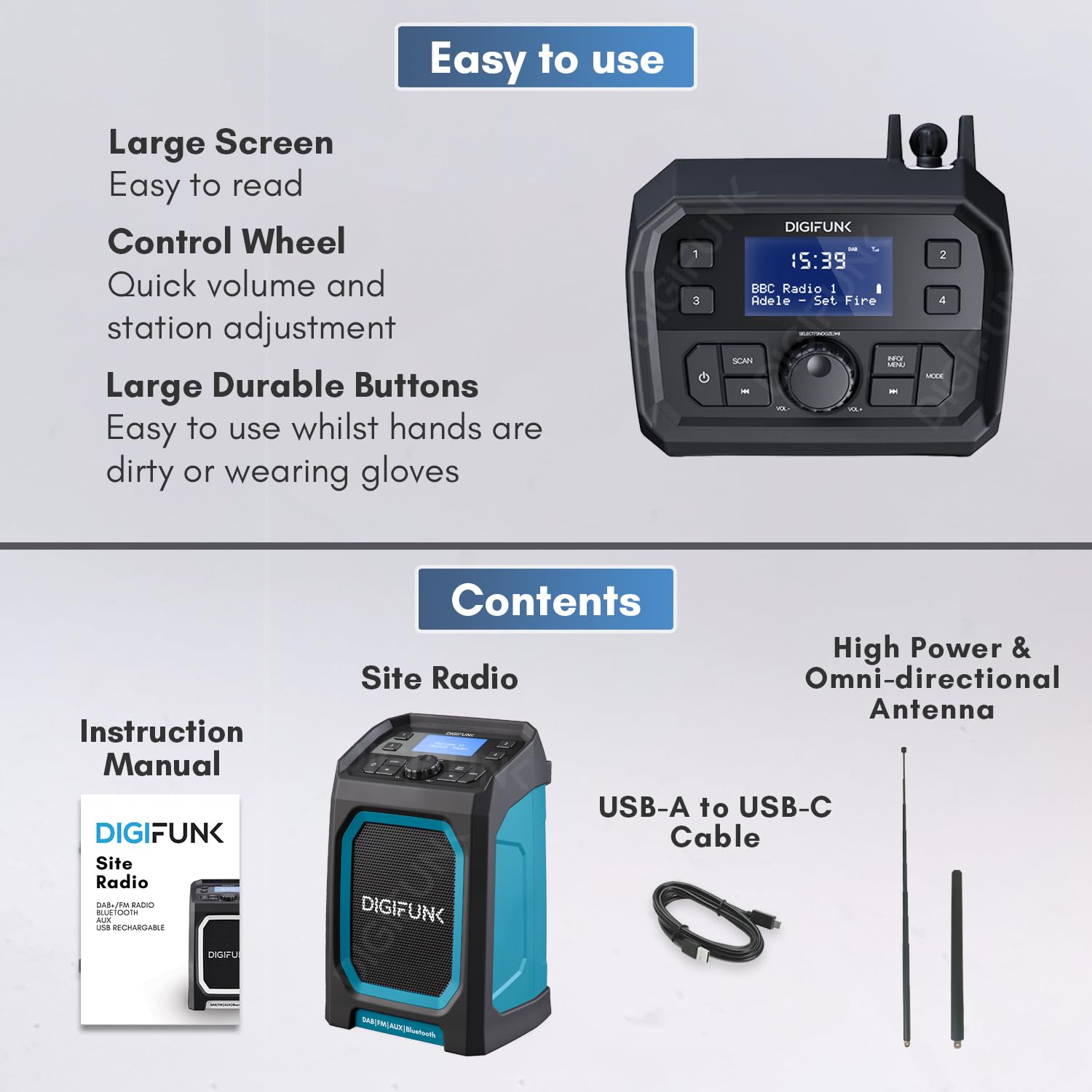 Radio de Obra DigiFunk | Ricaricabile Via USB | Dab+, Dab, FM, Bluetooth, Ingresso AUX | Design Resistente e duraturo, impermeabile IP65 | Perfetta per edifici, esterni, almanacco (Rojo)