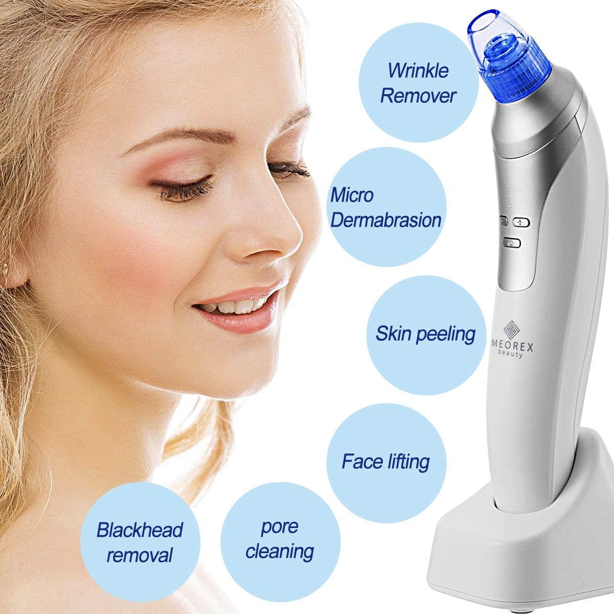 Blackhead Remover - Facial Pore Cleanser, Acne Vacuum Cleaner Set with 4 Probe Heads, Comedo, Spot, Zit and Whitehead Removal Kit, Microdermabrasion Dead Skin Removing Machine by MEOREX