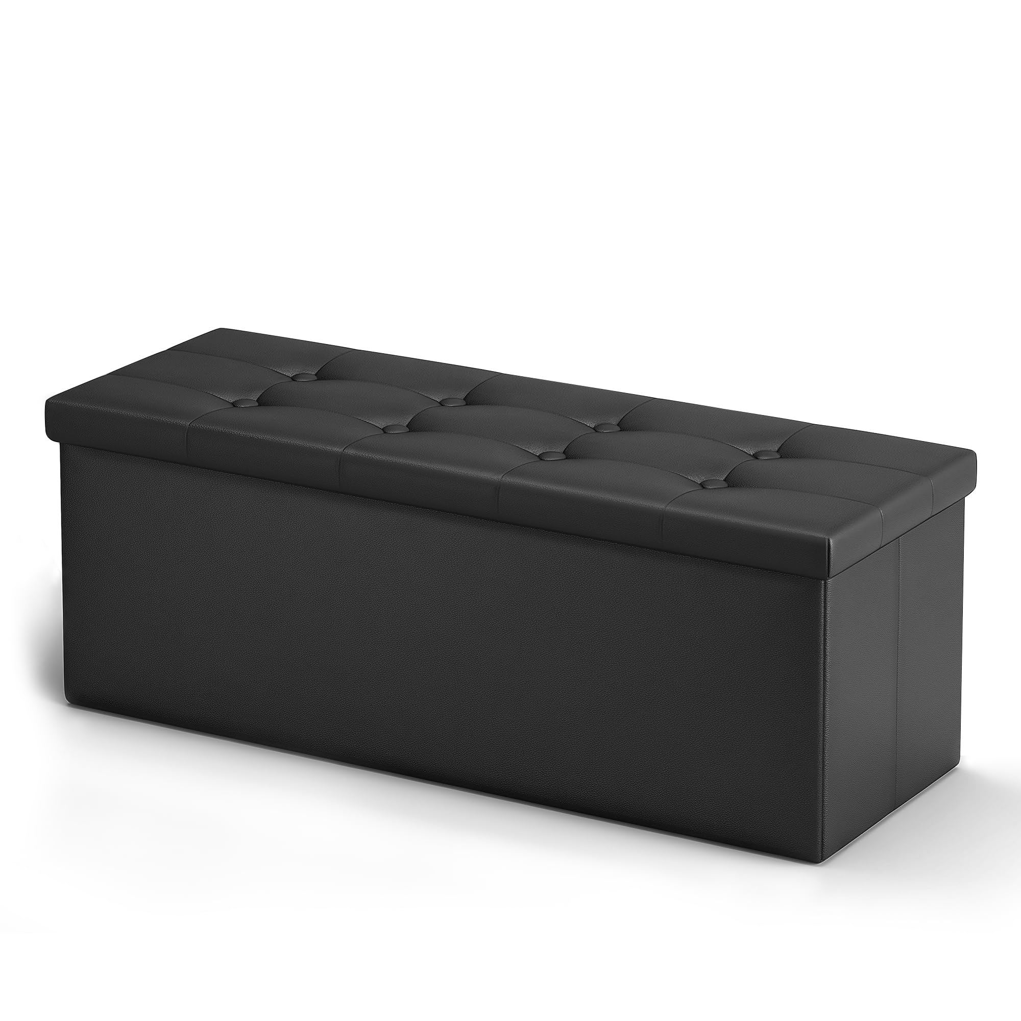 LITZFUR 43 Inches Folding Storage Ottoman Bench, PU Leather Storage Chest, Footrest Padded Seat for Bedroom and Hallway, Holds up to 660 lbs, Black