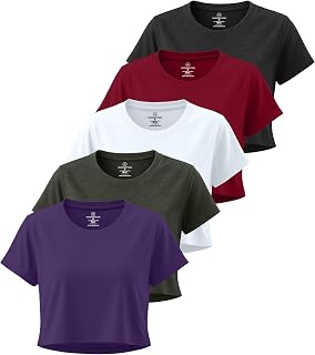 Real Essentials 5 Pack: Women's Dry Fit Crop Top - Short Sleeve Crew Neck Stretch Athletic Tee (Available in Plus Size)