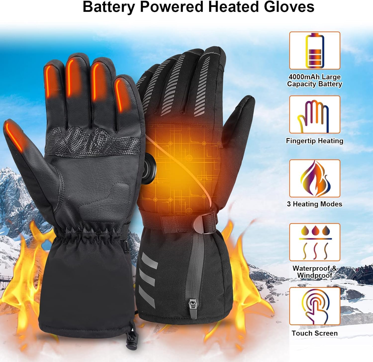 Gants Chauffants Rechargeables BIAOQINBO – Batterie 5000mAh, 3 Niveaux De Température, écran Tactile, Noir Taille M/L