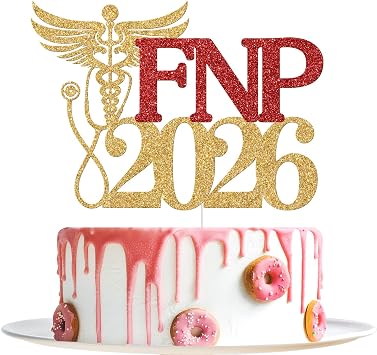 FNP 2026 Cake Topper, FNP Graduation Decorations, Nursing School Survivor, Congrats Nurse, 2026 Medical Nursing School Graduation Party Decorations Gold and Red Glitter