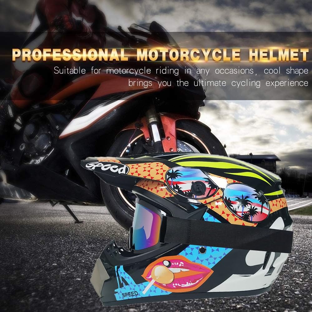 Unisex Sport Estremi Casco da Motocross, Ragazzi Bambini Integrale MTB Fuori Strada ATV Scooter Moto Caschi, Discesa Enduro Corsa BMX Dirt Bike Casco, con Occhiali Guanti Maschera