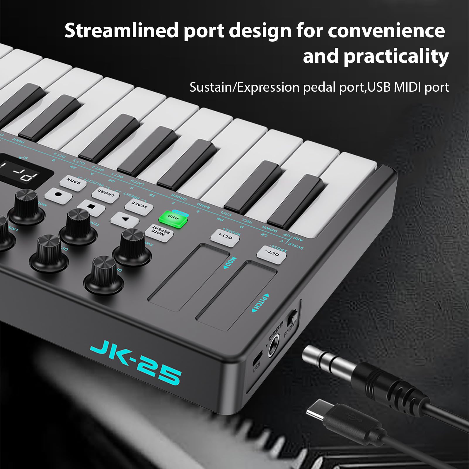 Walmeck Tastiera Controller MIDI BT a 25 Tasti con Pad Sensibili Alla velocità, Funzione di Accordo Arpeggiatore e Ricevitori Ricaricabili per la Produzione DAW (Nera)