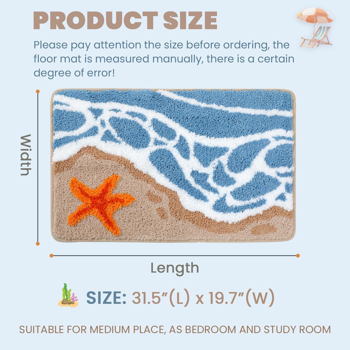Cute Ocean Bathroom Rug Super Absorbent Bath Mat Machine Washable and Non Slip Fluffy Carpet for Shower, Bedroom and Living Room (31"x20", Shore)