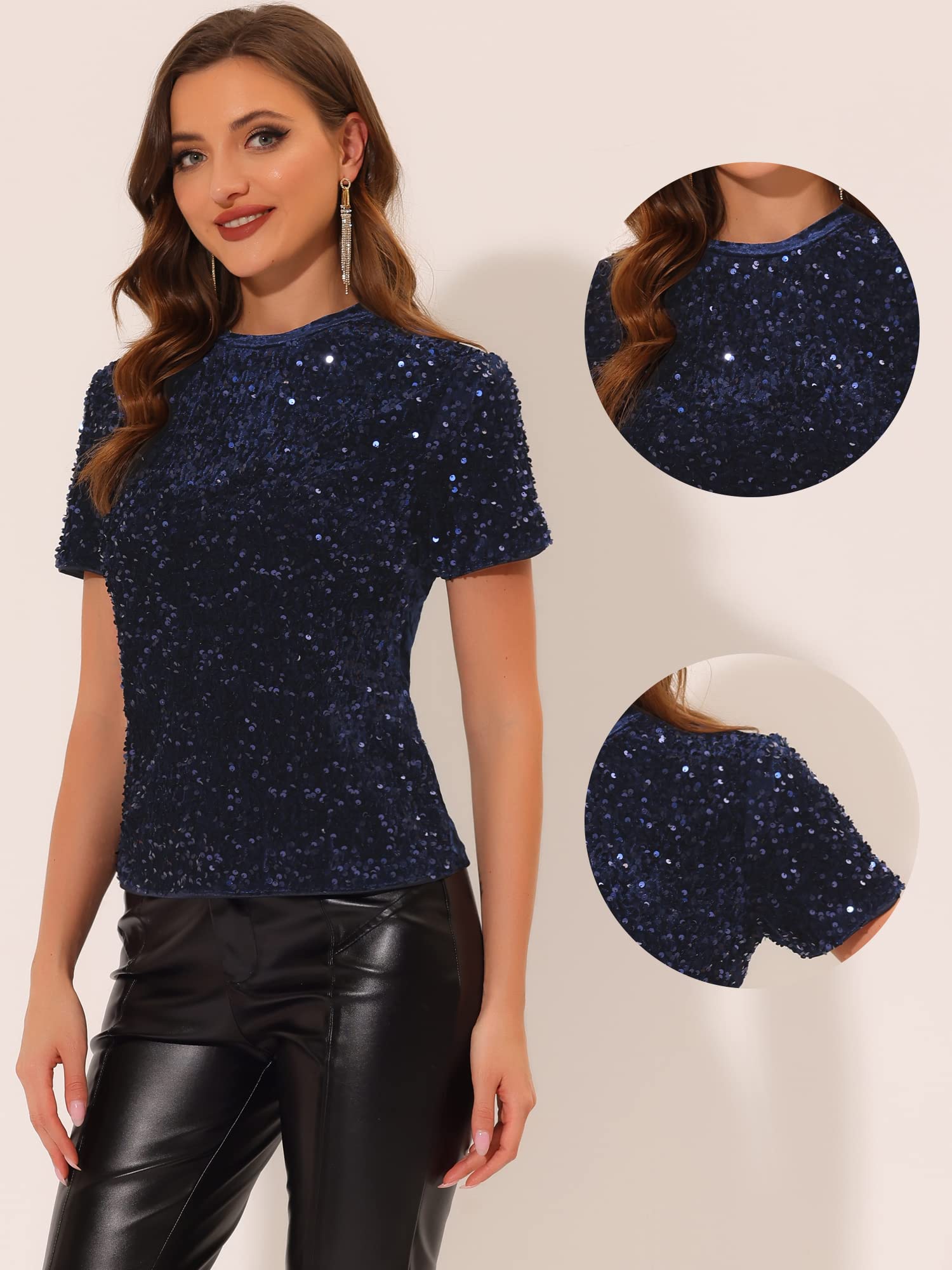 Allegra K Femme Top Fête Velours Col Rond Manches Courtes Paillettes