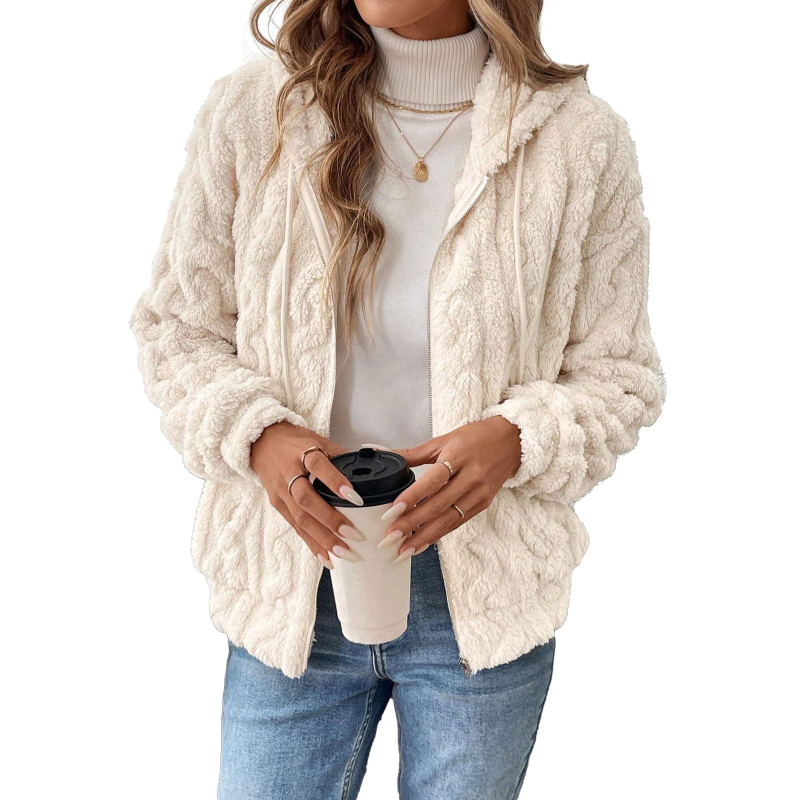 Yeenily Polaire À Capuche pour Femme Manteaux Peluche Zippée Épaissir Garder Cardigan Décontractée Hooded Coat Mode Hiver Outerwear