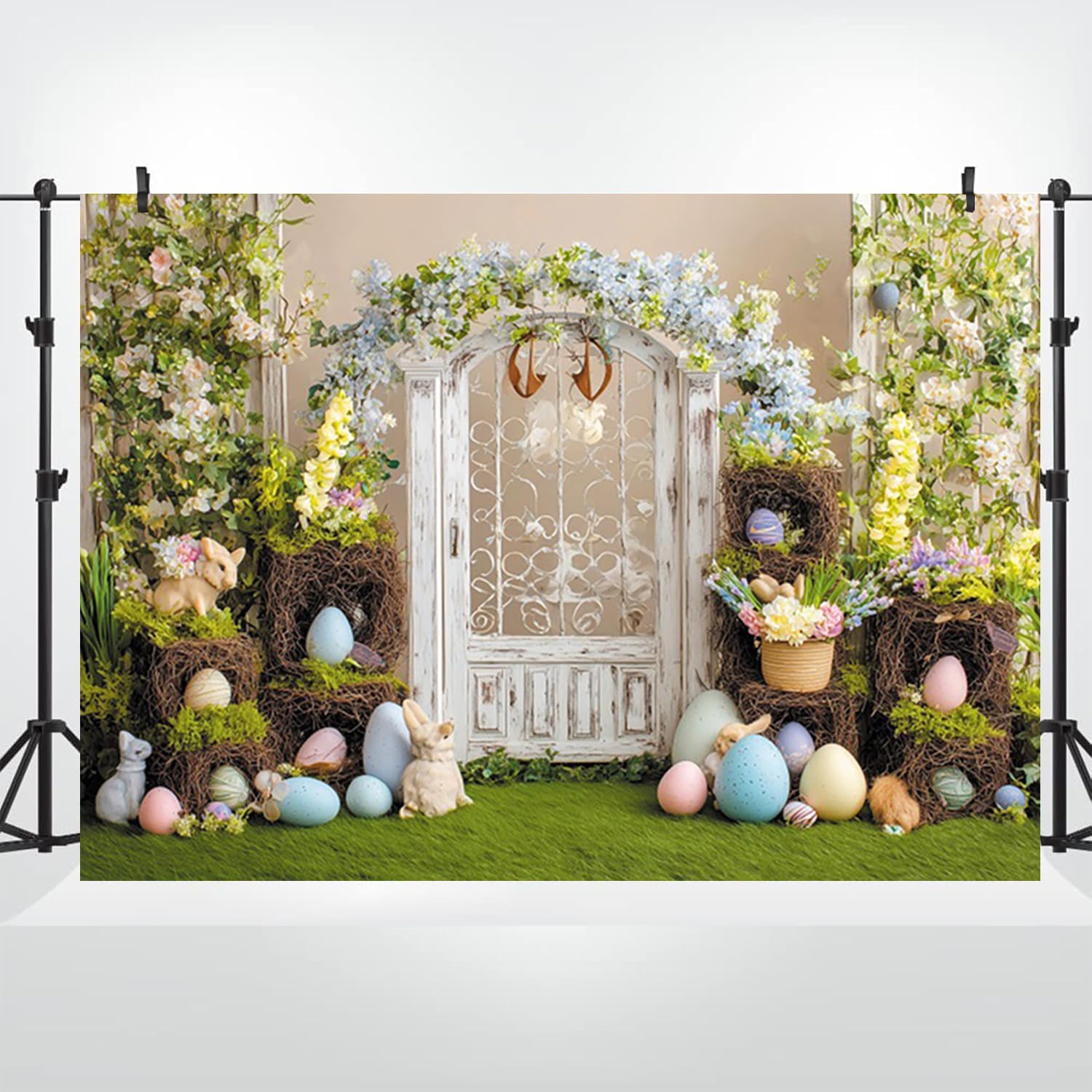 6 x 3 m tło drzwi wielkanocnych w stylu vintage, pastelowy łuk kwiatowy, białe drzwi, tło fotograficzne, wystawy gniazda i rekwizyty zajączków, rustykalne studio fotograficzne, rekwizyty