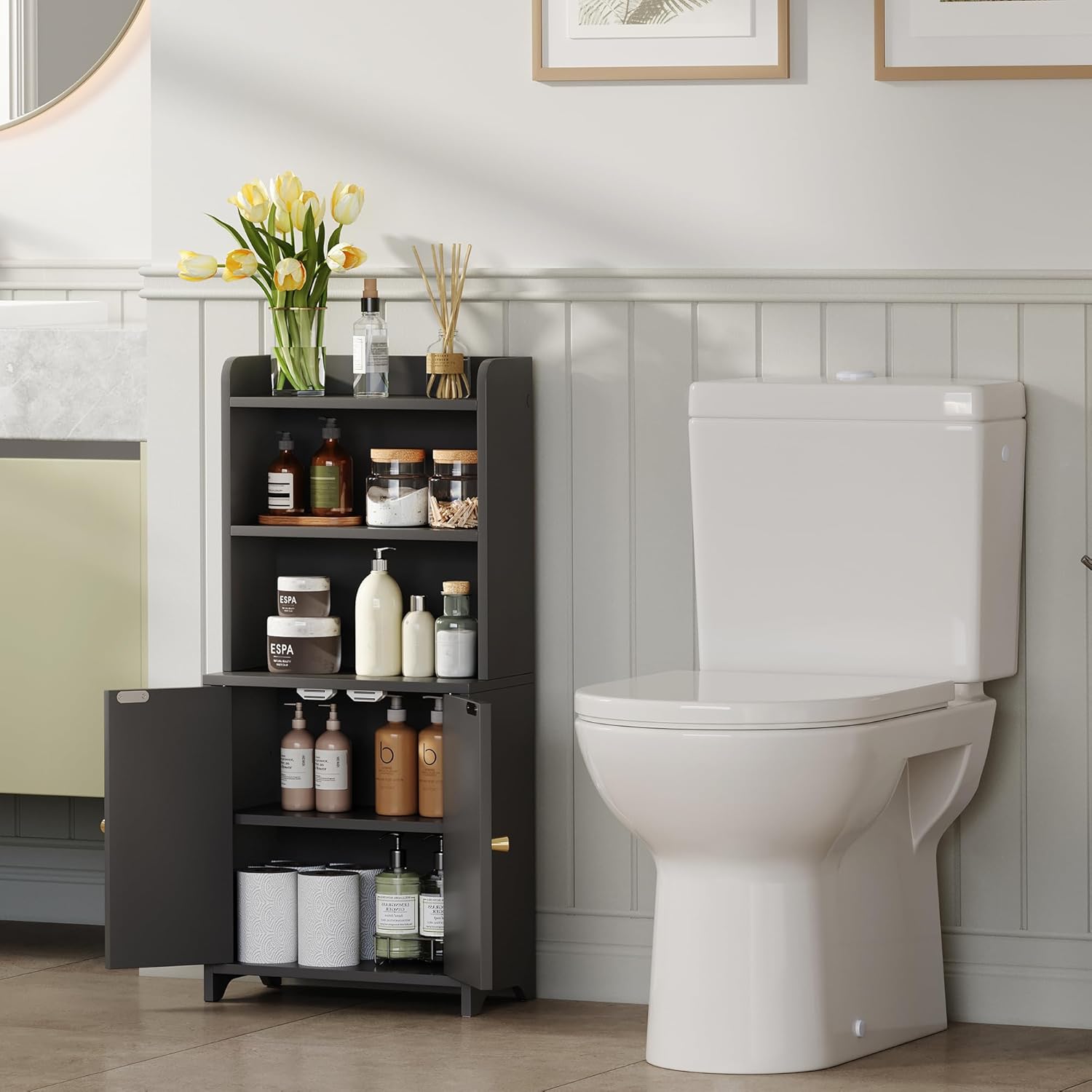 Bathroom Cabinet with 2 Doors, Small Freestanding Storage Cabinet with Adjustable Shelf, Slim Bathroom Organizers, Floor Cabinet for Small Spaces, Bathroom, 7.9" D x 14.7" W x 32" H, Black