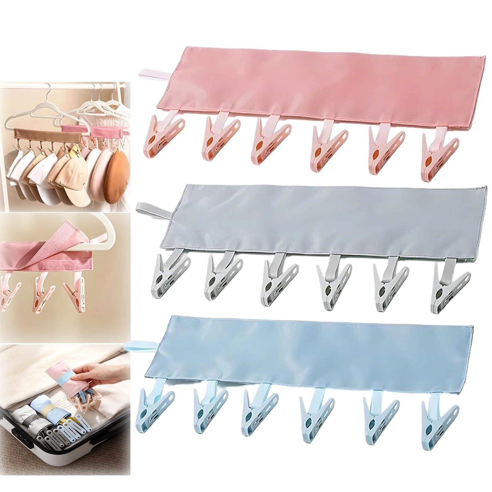 Travel Foldable Clothes Hangers with 6 Clips, Portable Laundry Hanging Clip, Compact Drying Rack Multipurpose Organizer Hanger Hook Set for Dorm Household Socks Underwear Hat Scarf(Pink+blue+gray)