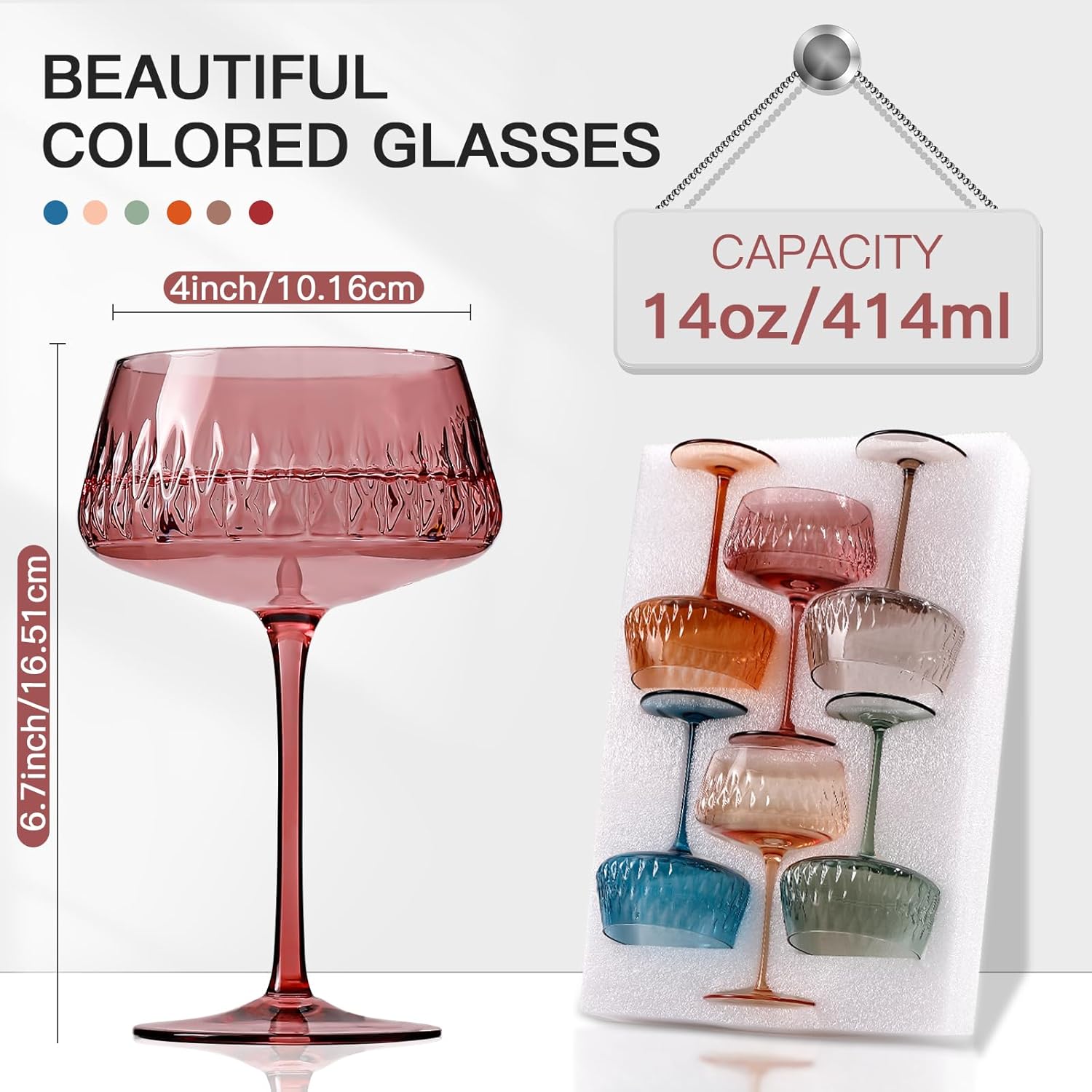 Colored Martini Glasses Set of 6, Hand Blown Colorful Cocktail Glass 14Oz, Large Vintage Champagne Coupe Glasses,Crystal Retro Style Bar and New Year Drinking Glasses, Valentine's Day Gifts - Image 5