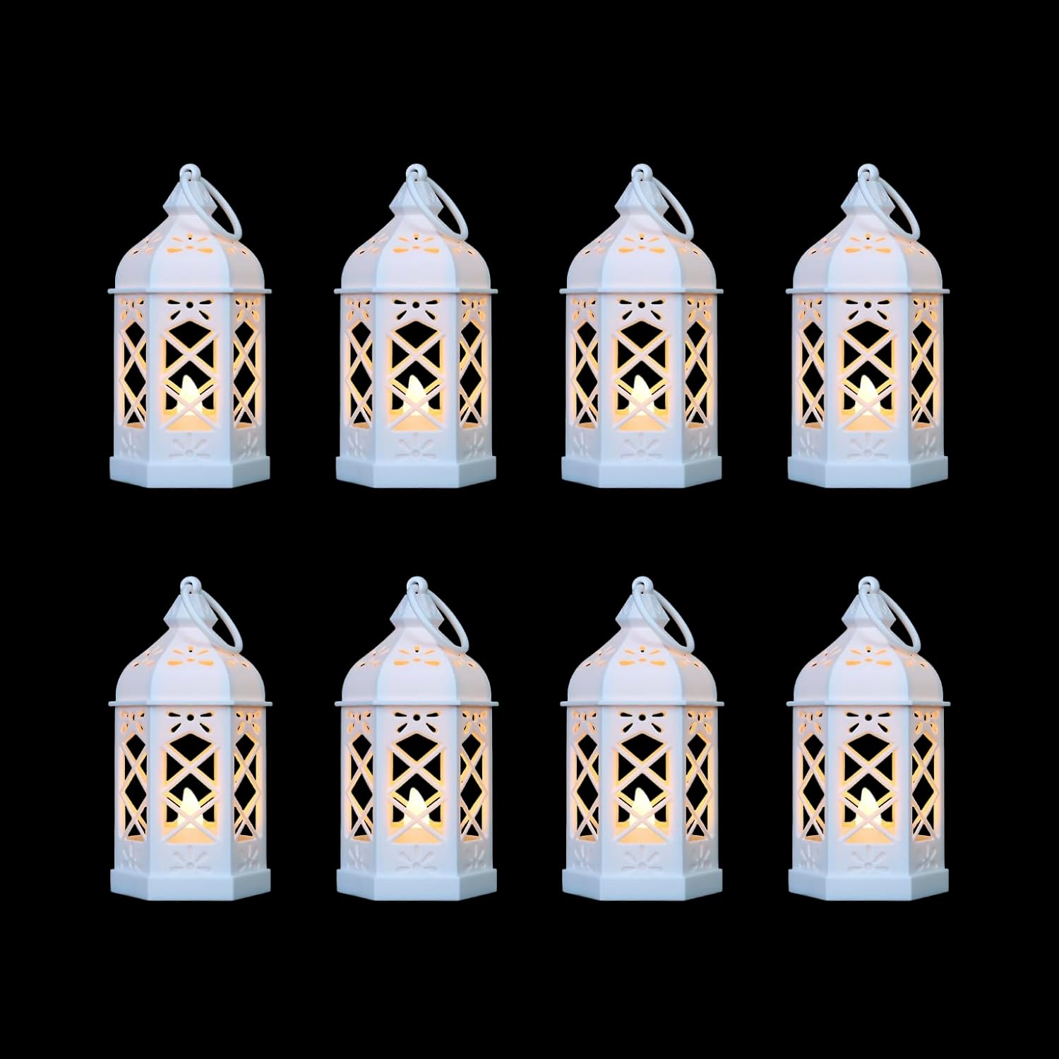 8-Pack Mini Lanterns for Ramadan, Wedding,Halloween,Christmas, Small Decorative Lanterns with LED Candle for Baby Shower Party, Moroccan Lantern for Table Centerpiece, Medieval Decor, White