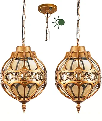 Dusk to Dawn Aluminum Outdoor Pendant Lights for Porch Garage, Vintage Globe Pendant Lighting Outside Gold Hanging Light Fixture with Amber Glass, Waterproof Exterior Chandelier, 2 Pack